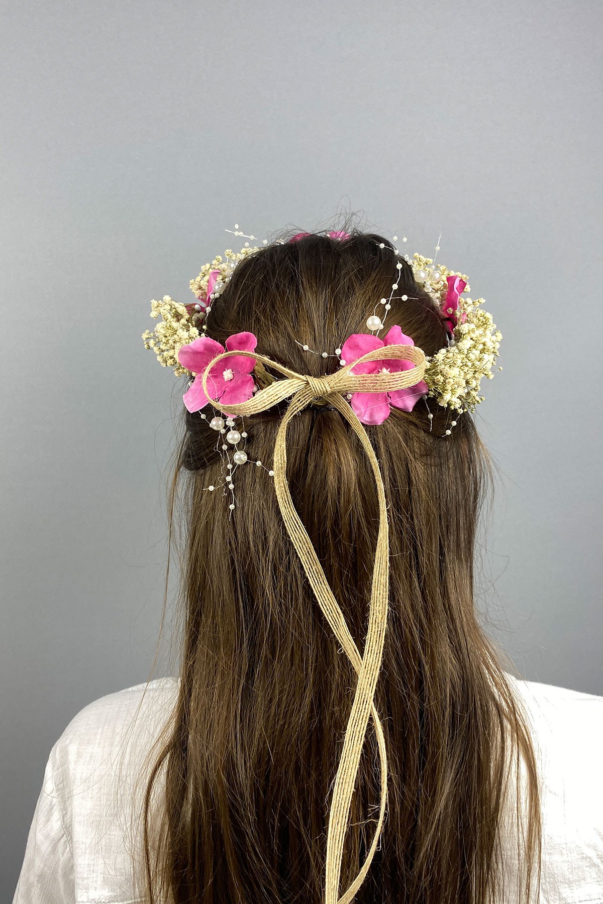 Pembe Ortancalı Kuru Çiçekli İncili Dış Çekim Gelin Saç Aksesuarı