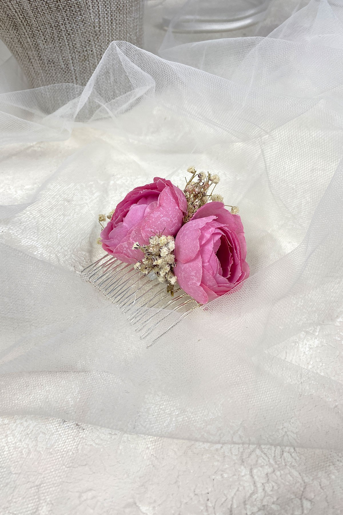 Pembe Şakayık Çiçekli Cipsolu Taraklı Saç Tokası