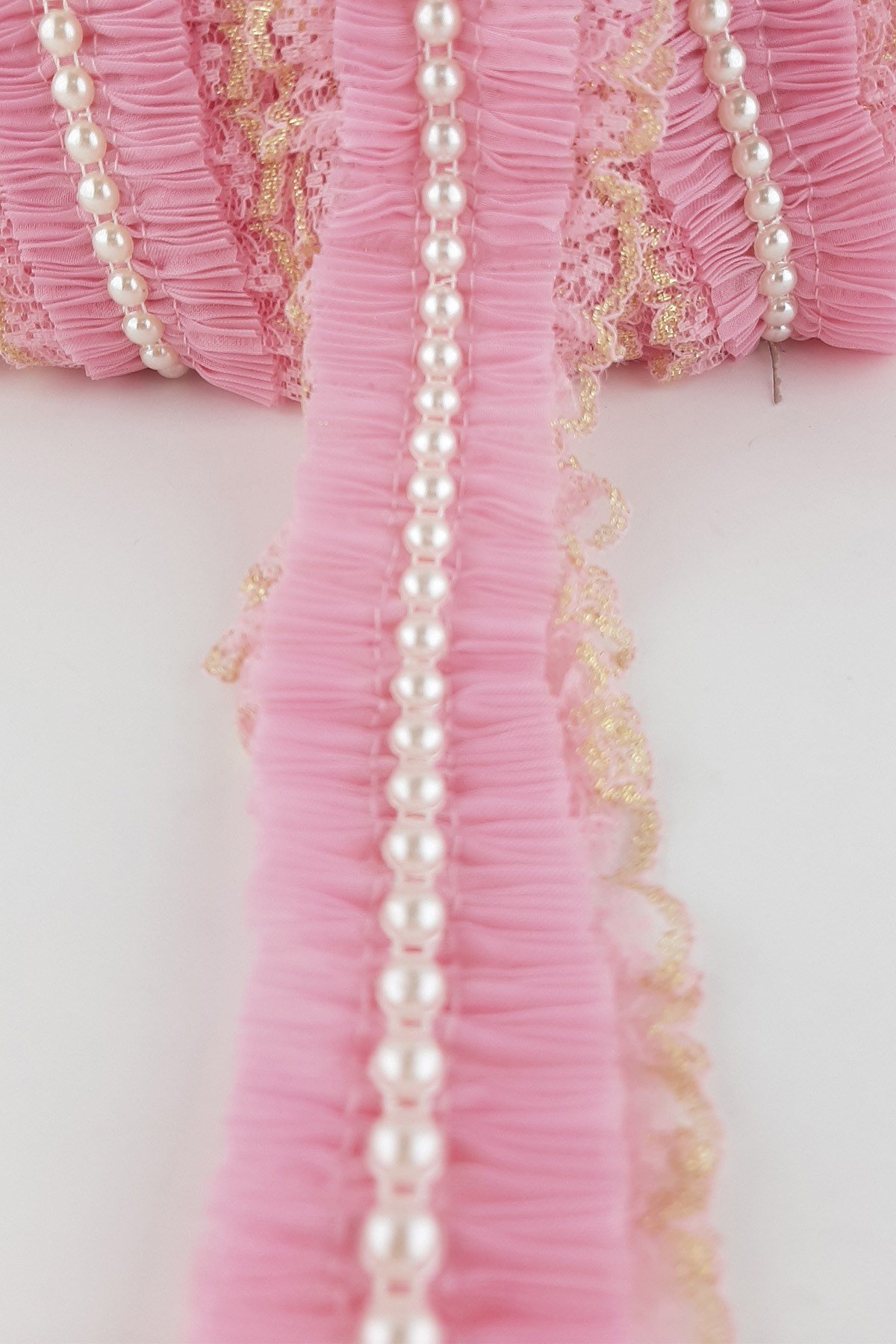 Pembe Sarı İncili Sim Dantel Plise Fırfır