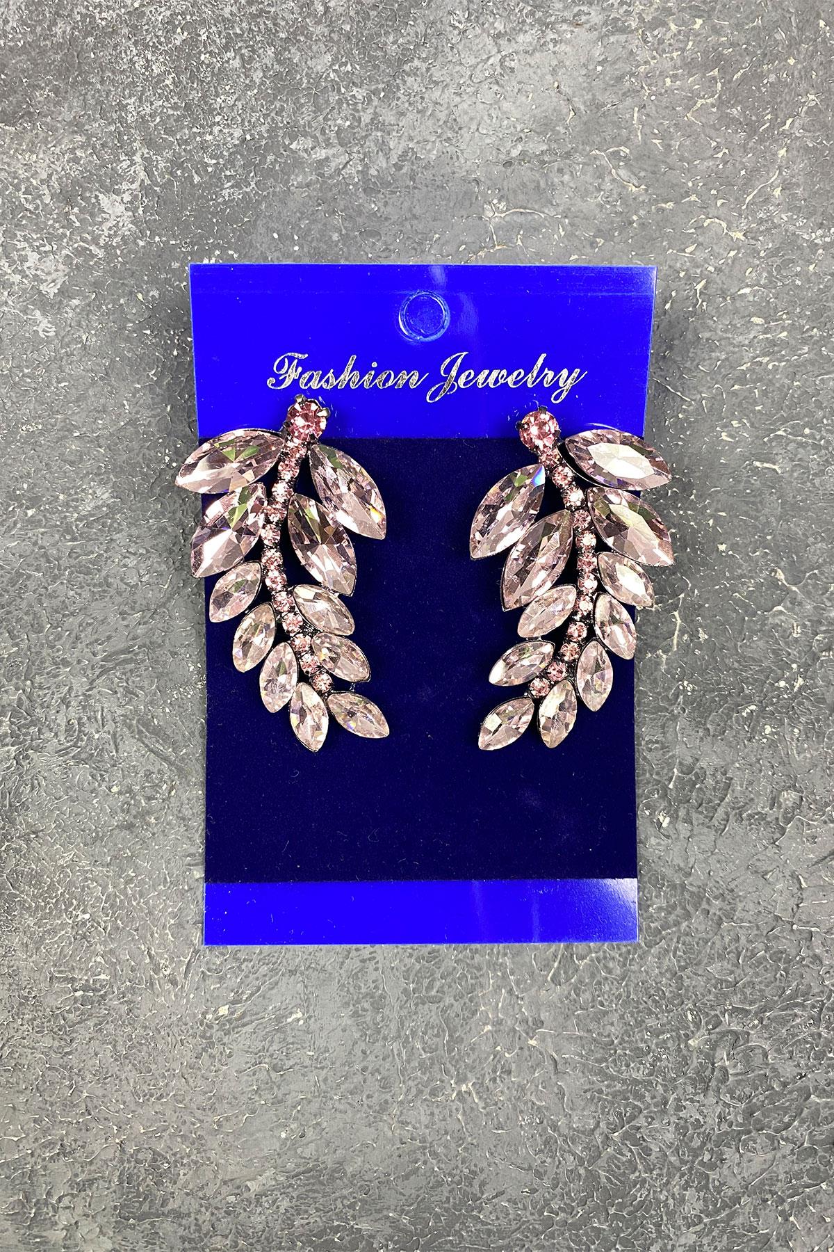 Pembe Yaprak Desen Ela Abiye Taşlı Gelin Küpesi