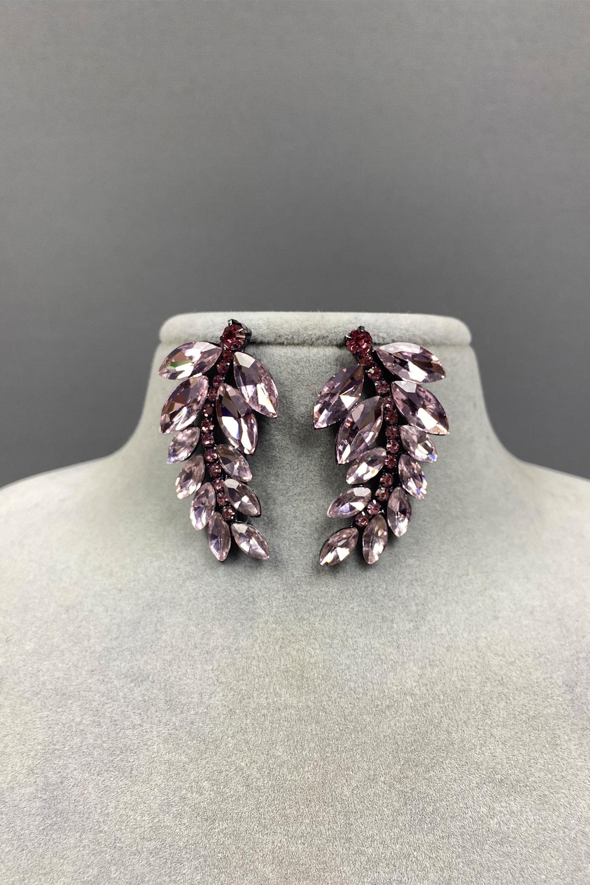 Pembe Yaprak Desen Ela Abiye Taşlı Gelin Küpesi