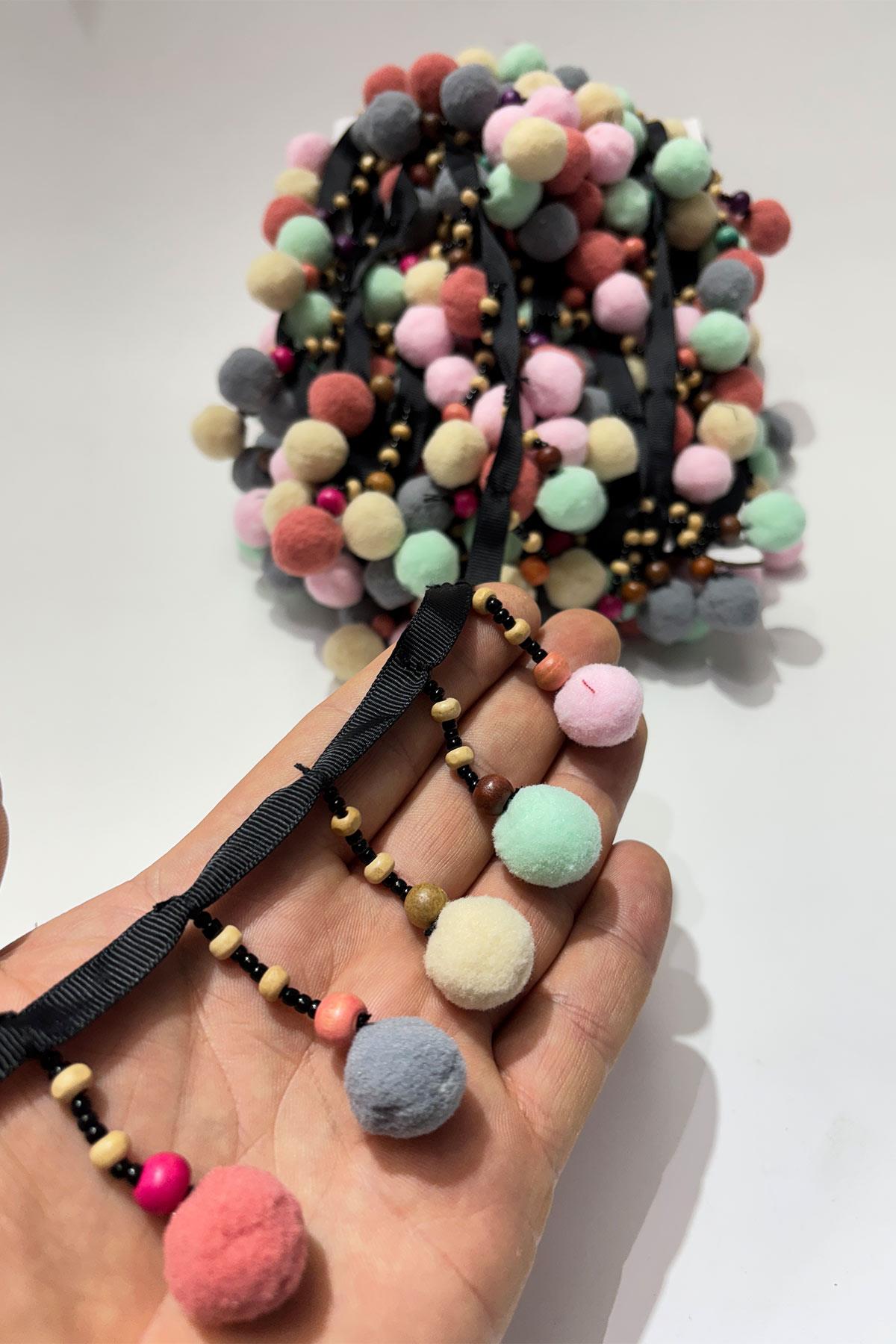 Ponpon Ahsap Boncuklu Dekoratif Şerit Antik Aplik