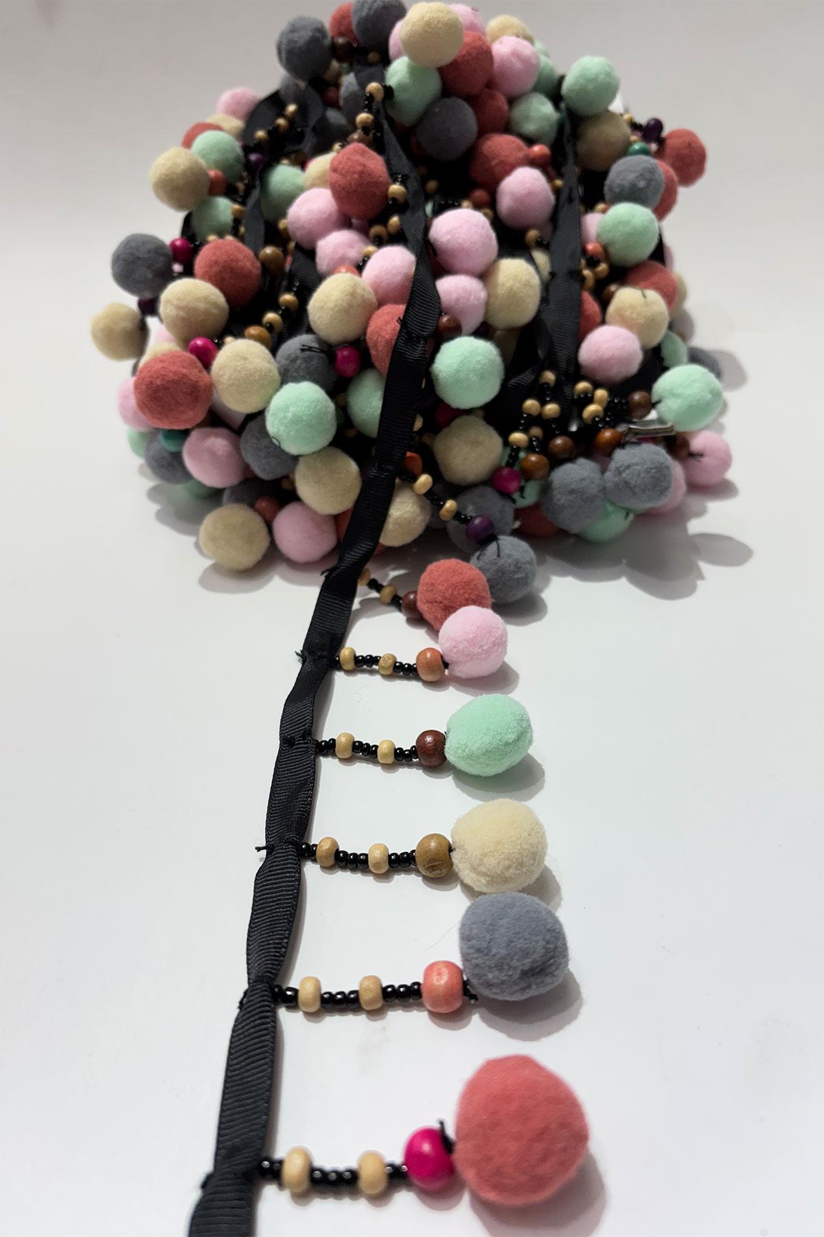 Ponpon Ahsap Boncuklu Dekoratif Şerit Antik Aplik