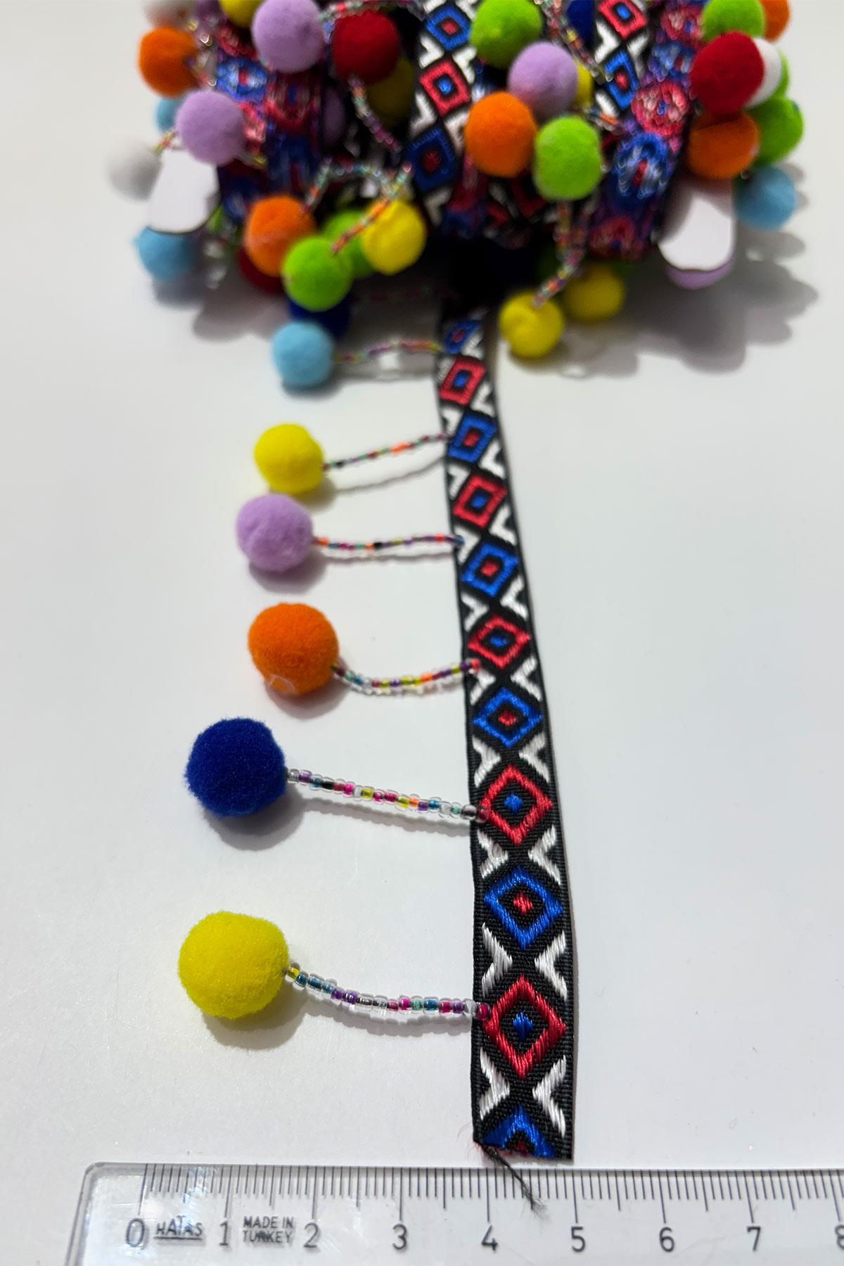 Ponpon Kum Boncuklu Dekoratif Şerit Antik Aplik