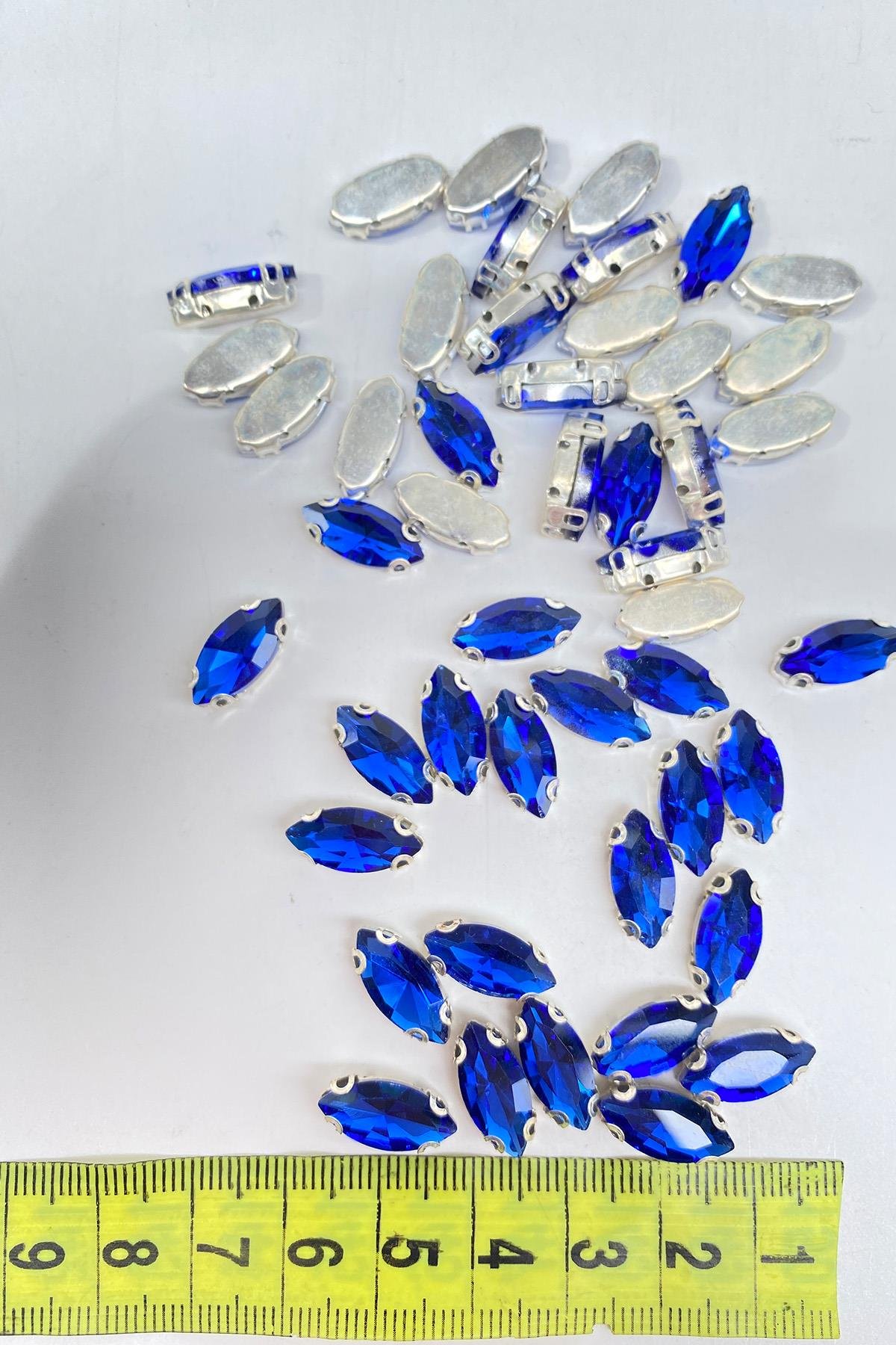 Saks Mavi Kasalı Dikme Parlak Cam Mekik Boncuk 10 Adet