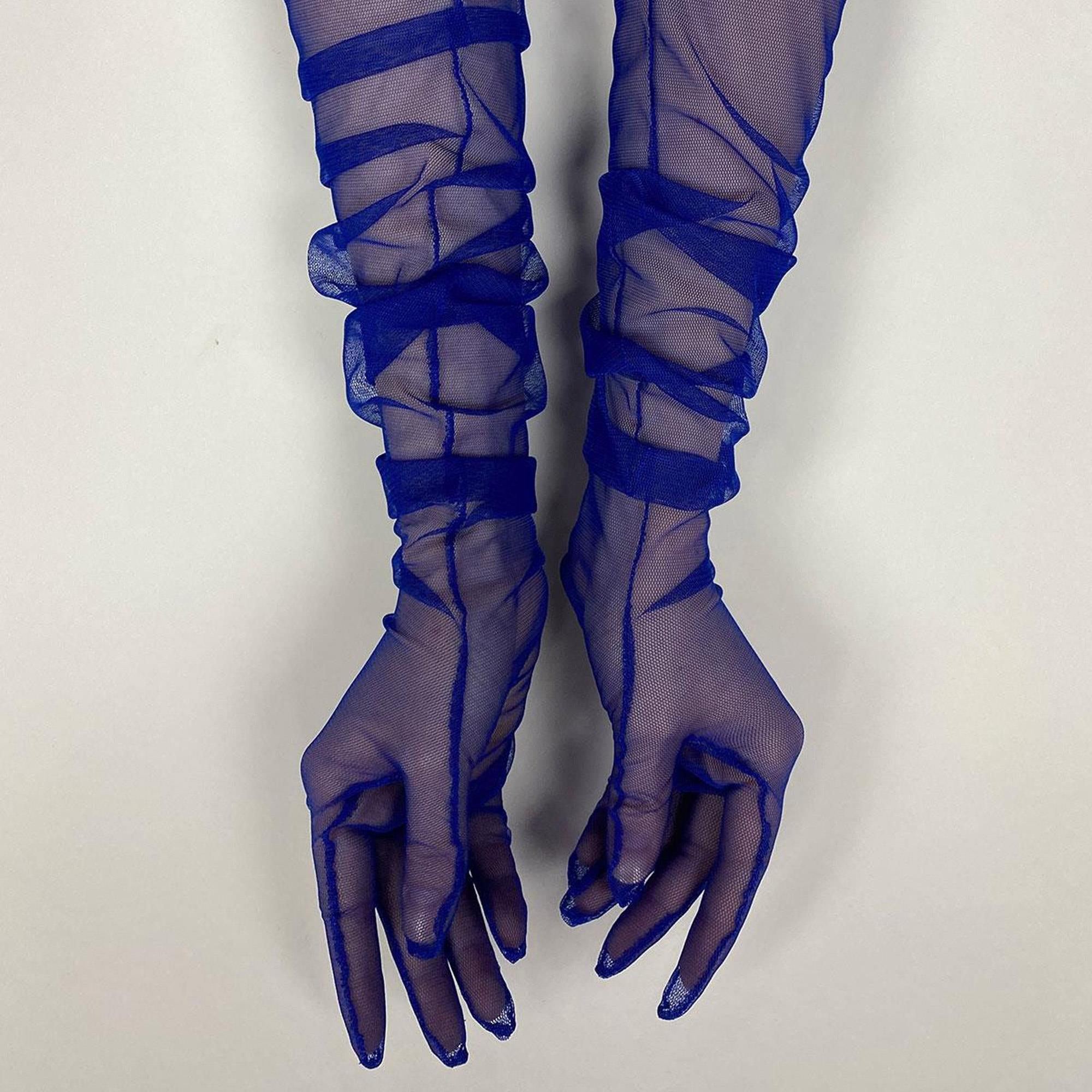 Saks Mavi Uzun Şık Gelin Eldiveni Tül Eldiven Nikah/Düğün/Parti Eldiveni