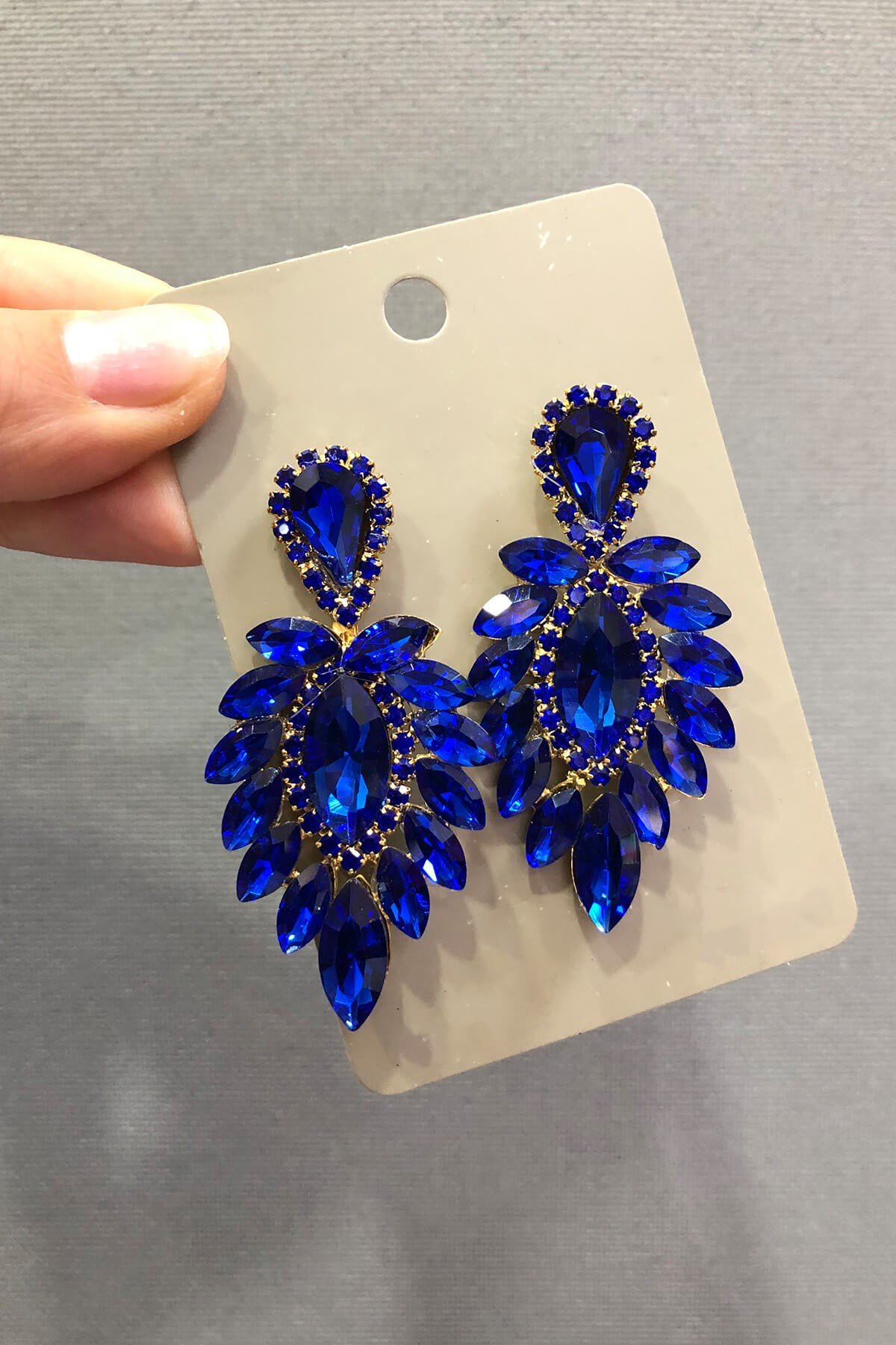 Saks Mavisi Kristal Taşlı Sarı Oval Küpe