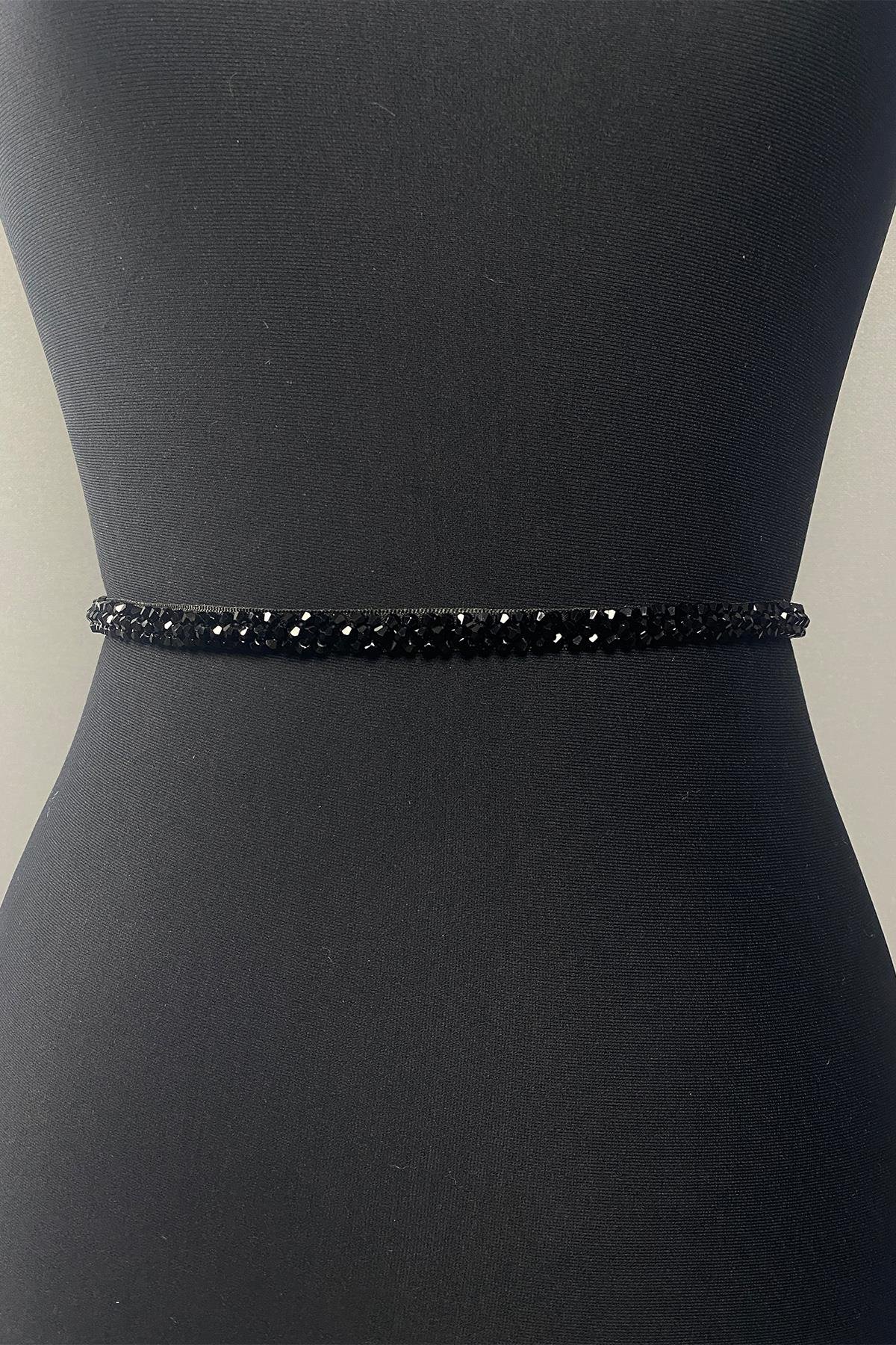 Siyah Boncuk İşlemeli Elbise Kemeri Bel Aksesuarı