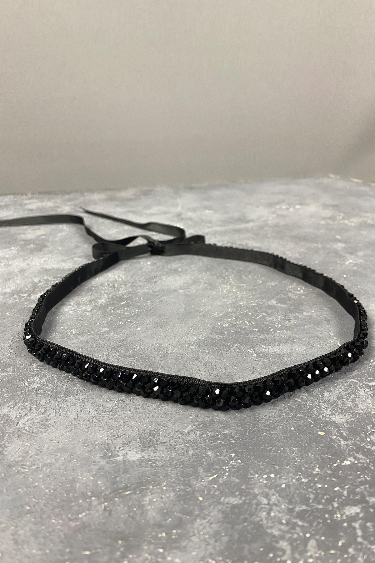 Siyah Boncuk İşlemeli Elbise Kemeri Bel Aksesuarı