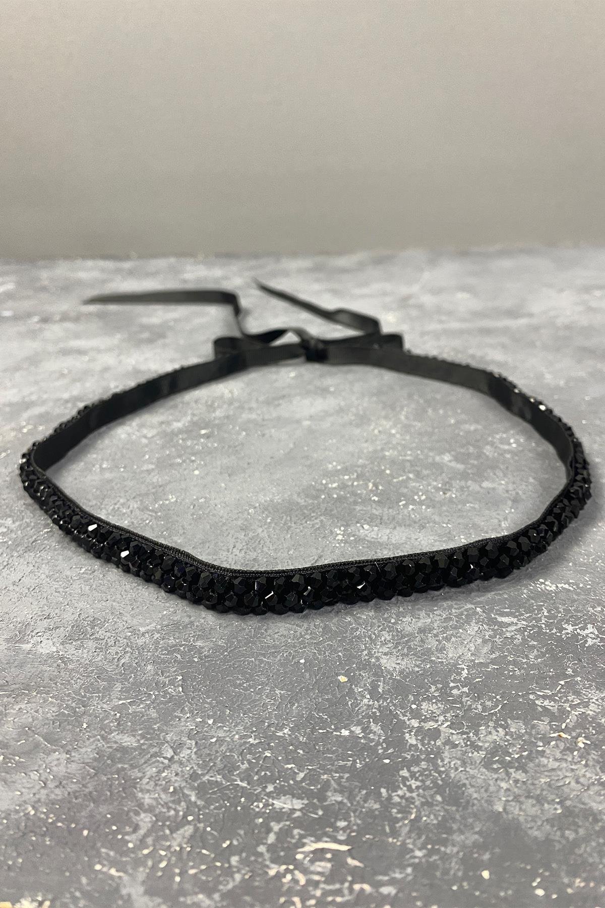 Siyah Boncuk İşlemeli Elbise Kemeri Bel Aksesuarı