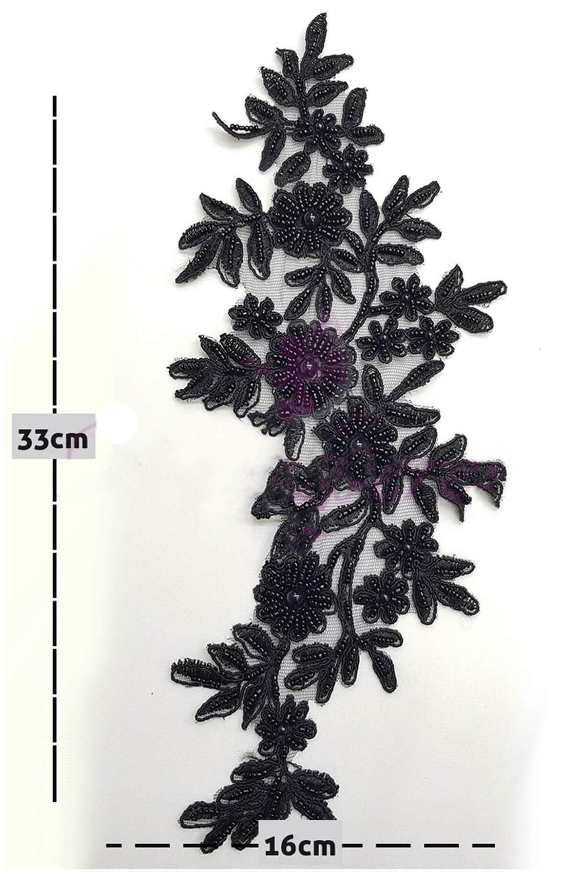 Siyah Boncuk İşlemeli Parça Güpür Dantel