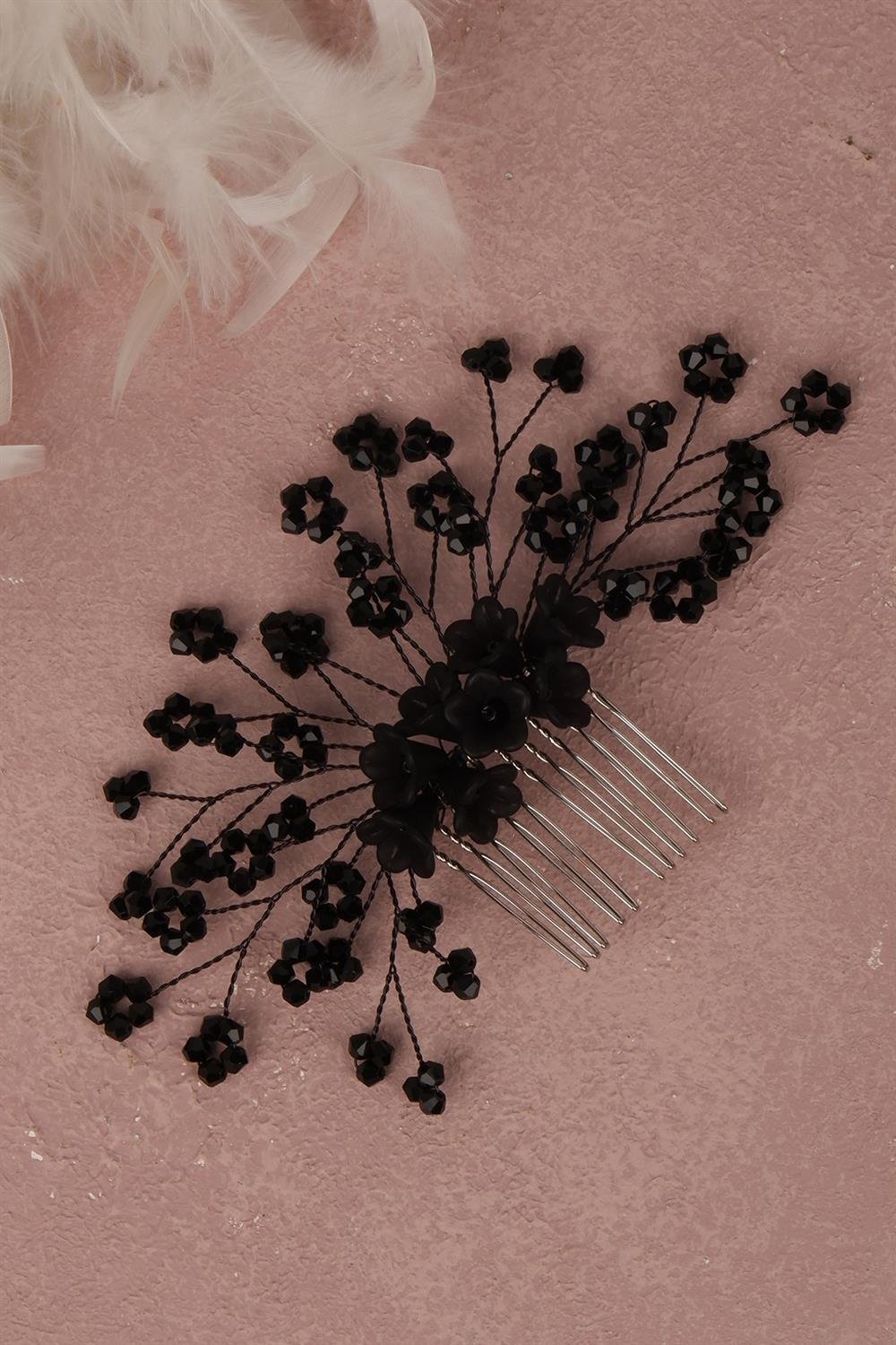 Siyah Çiçek Boncuklu Gelin Saç Aksesuarı Tarak Tokası