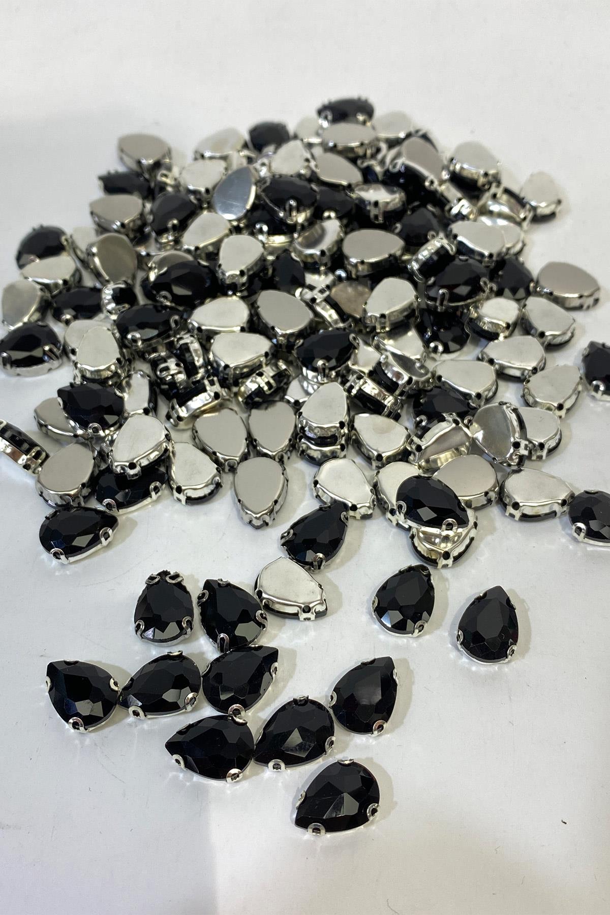 Siyah Damla Metal Kasalı Beyoğlu Taşı Dikme Cam Boncuk 5 Adet