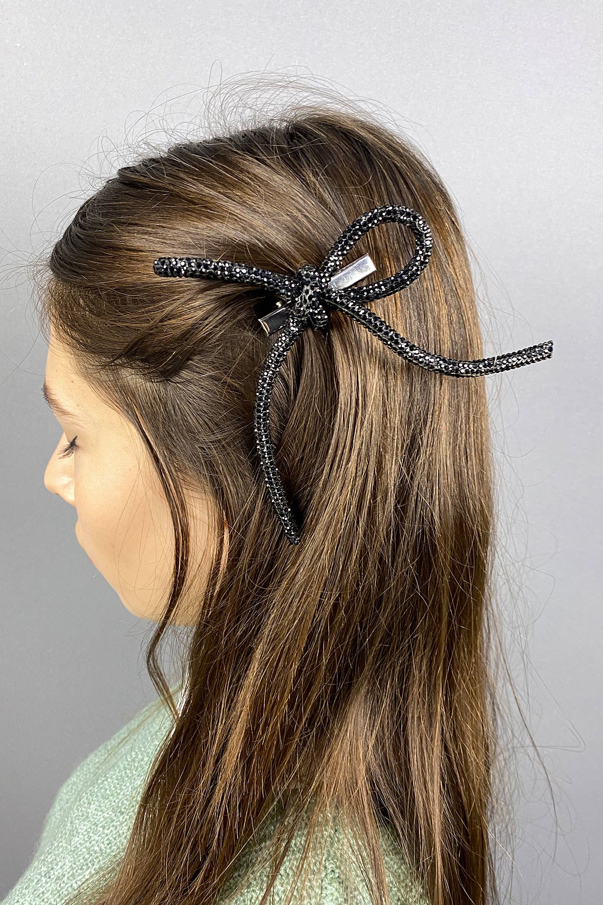 Siyah Full Taşlı Tasarım Fiyonk Saç Tokası