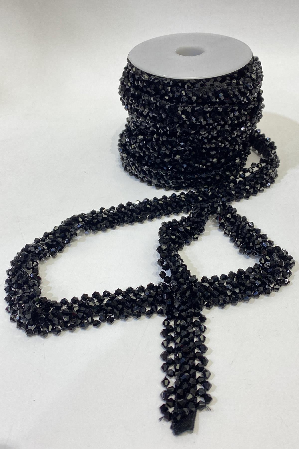 Siyah Geniş Kristal Boncuklu İşlemeli Şerit