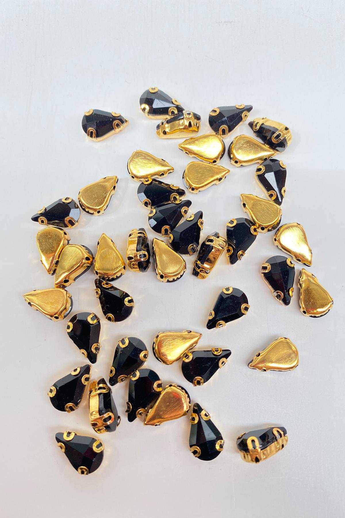Siyah Gold Zeminli Dikme Parlak Cam Damla Boncuk 10 Adet
