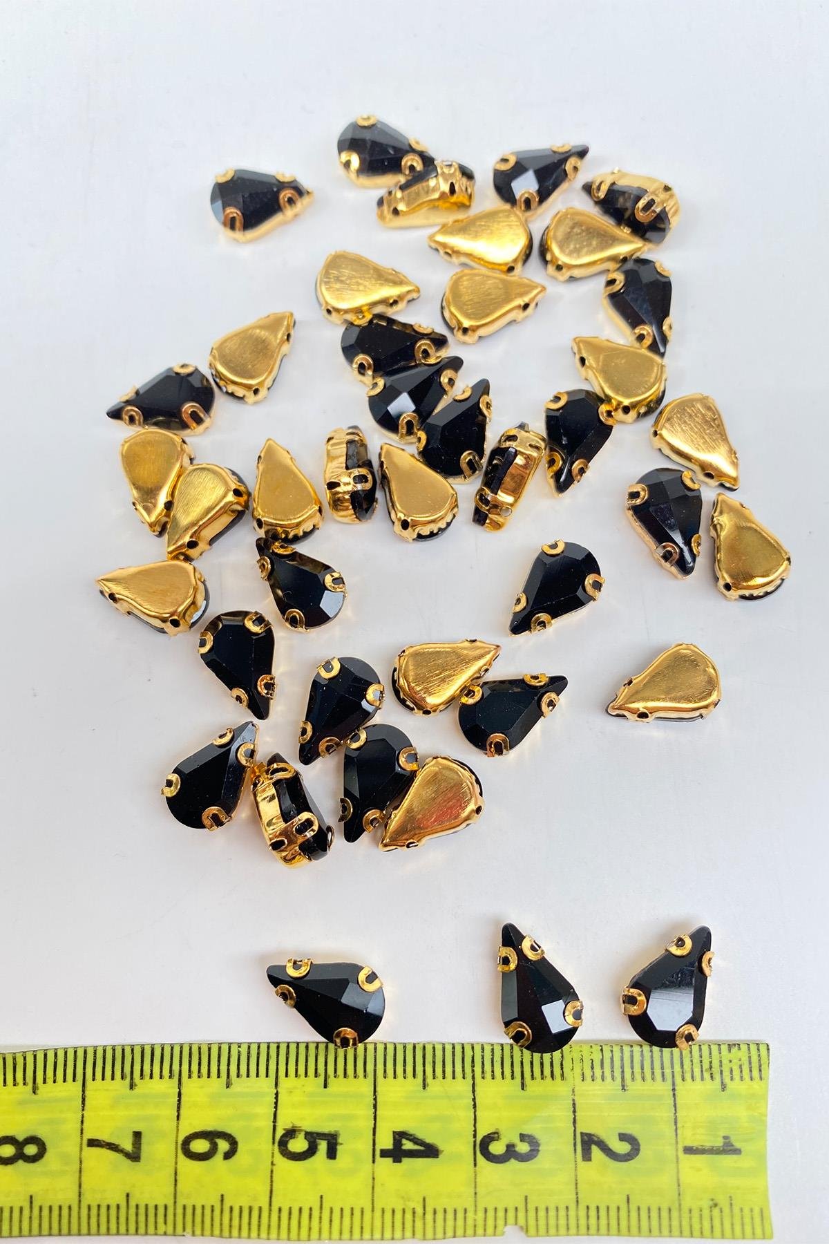 Siyah Gold Zeminli Dikme Parlak Cam Damla Boncuk 10 Adet