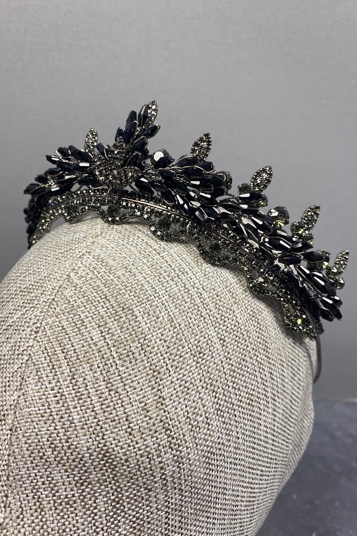 Siyah Lena Kristalli Boncuklu Gelin Kına Tacı