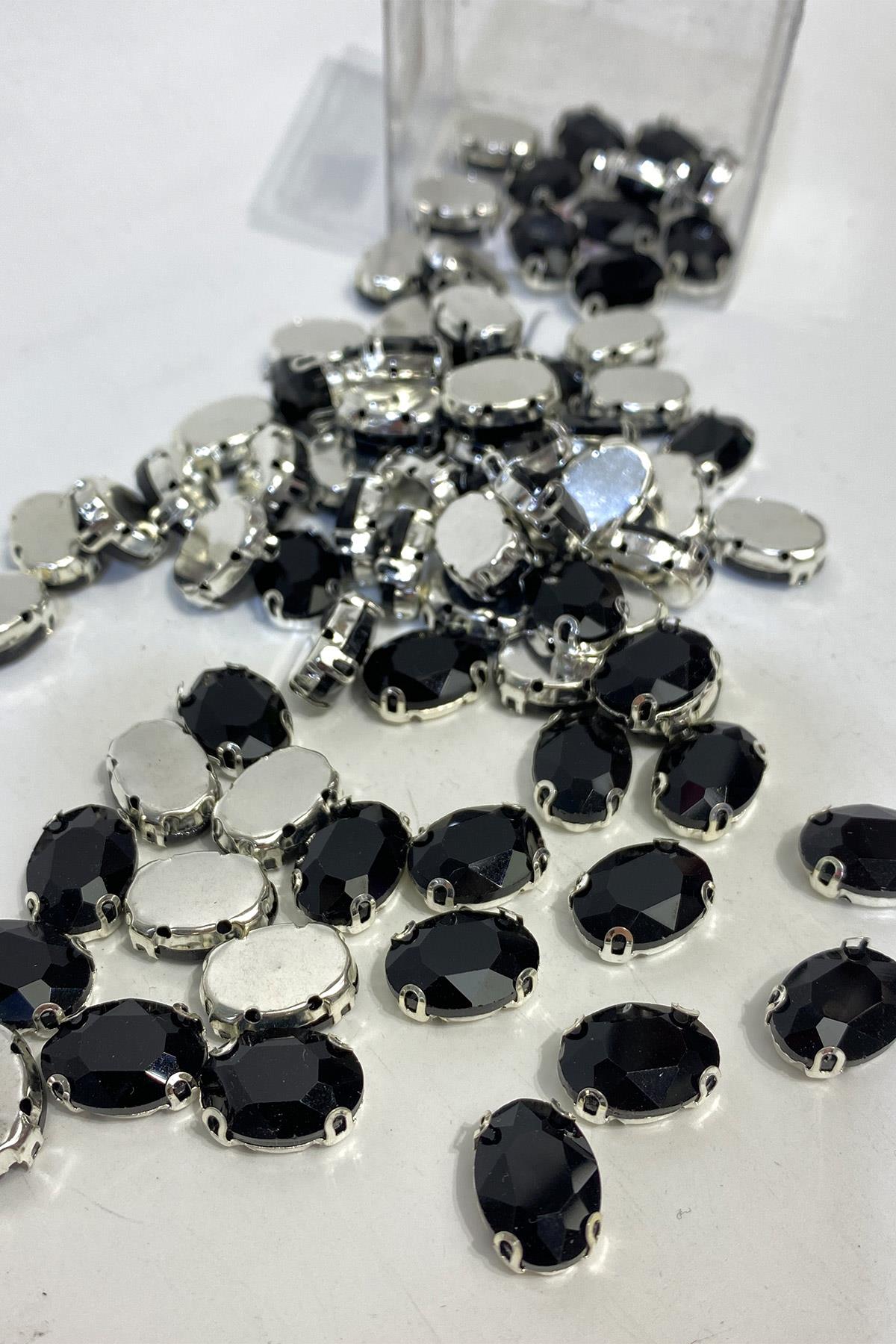 Siyah Renk Oval Metal Kasalı Beyoğlu Taşı Dikme Cam Boncuk 5 Adet