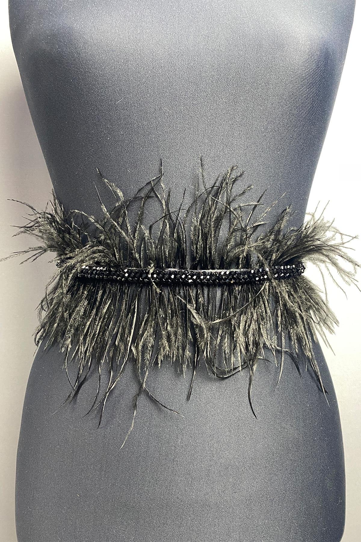 Siyah Tüylü Kristal Boncuklu Abiye Elbise Kemeri Bel Aksesuarı