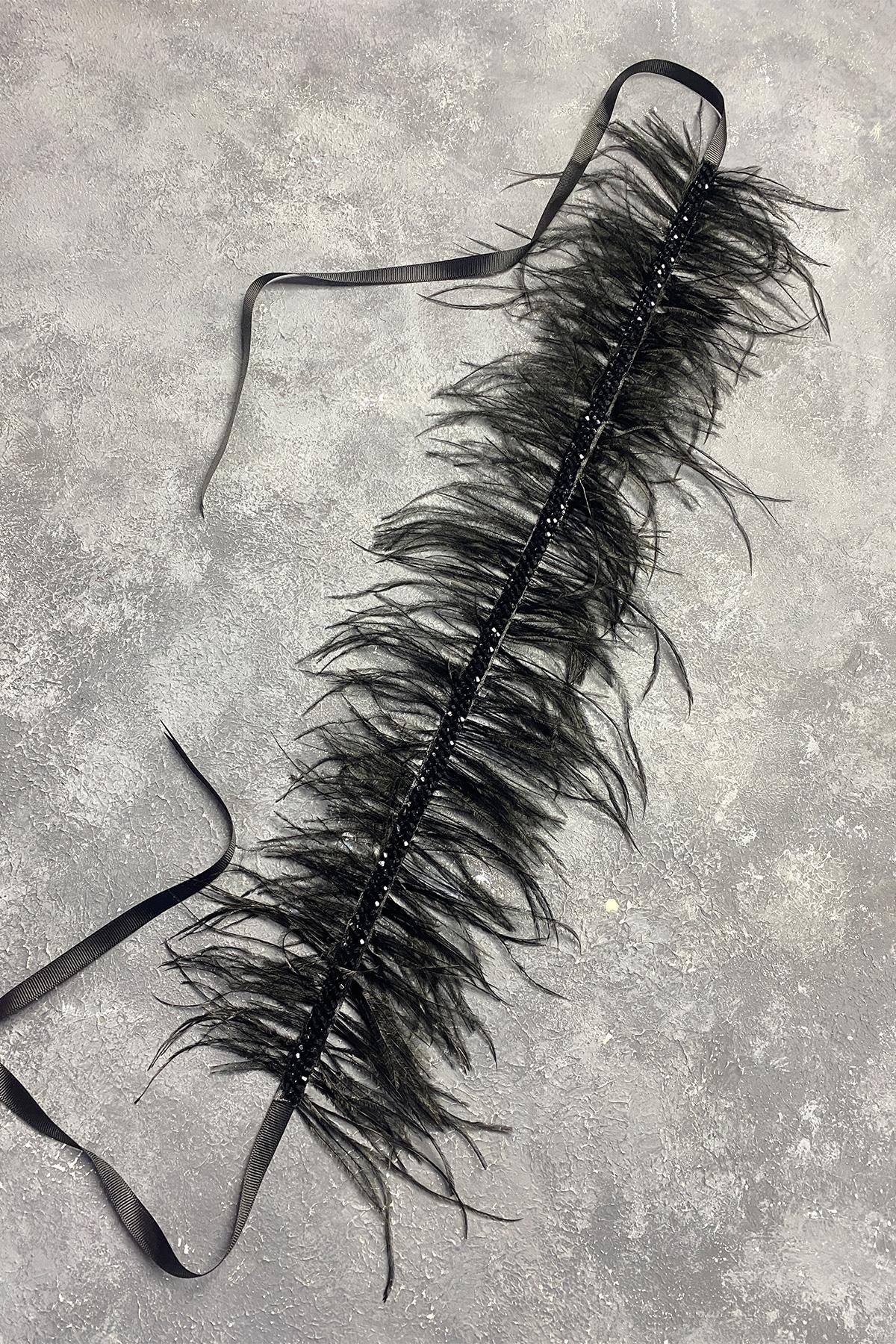 Siyah Tüylü Kristal Boncuklu Abiye Elbise Kemeri Bel Aksesuarı