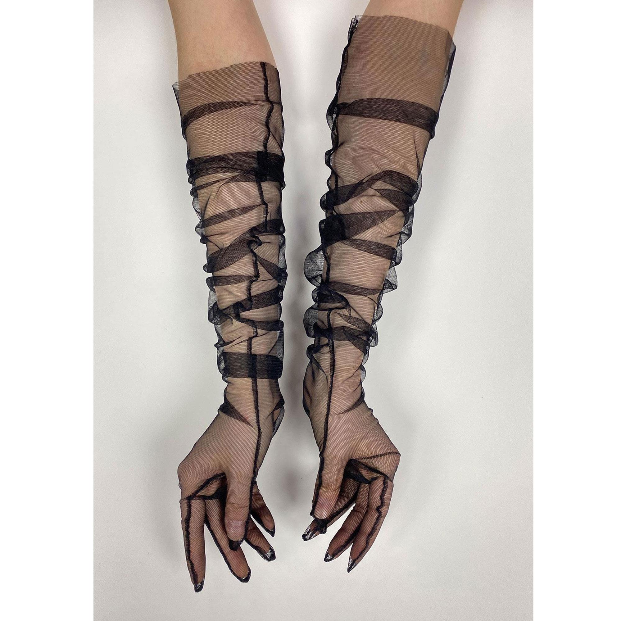 Siyah Uzun Şık Gelin Eldiveni Tül Eldiven Nikah/Düğün/Parti Eldiveni