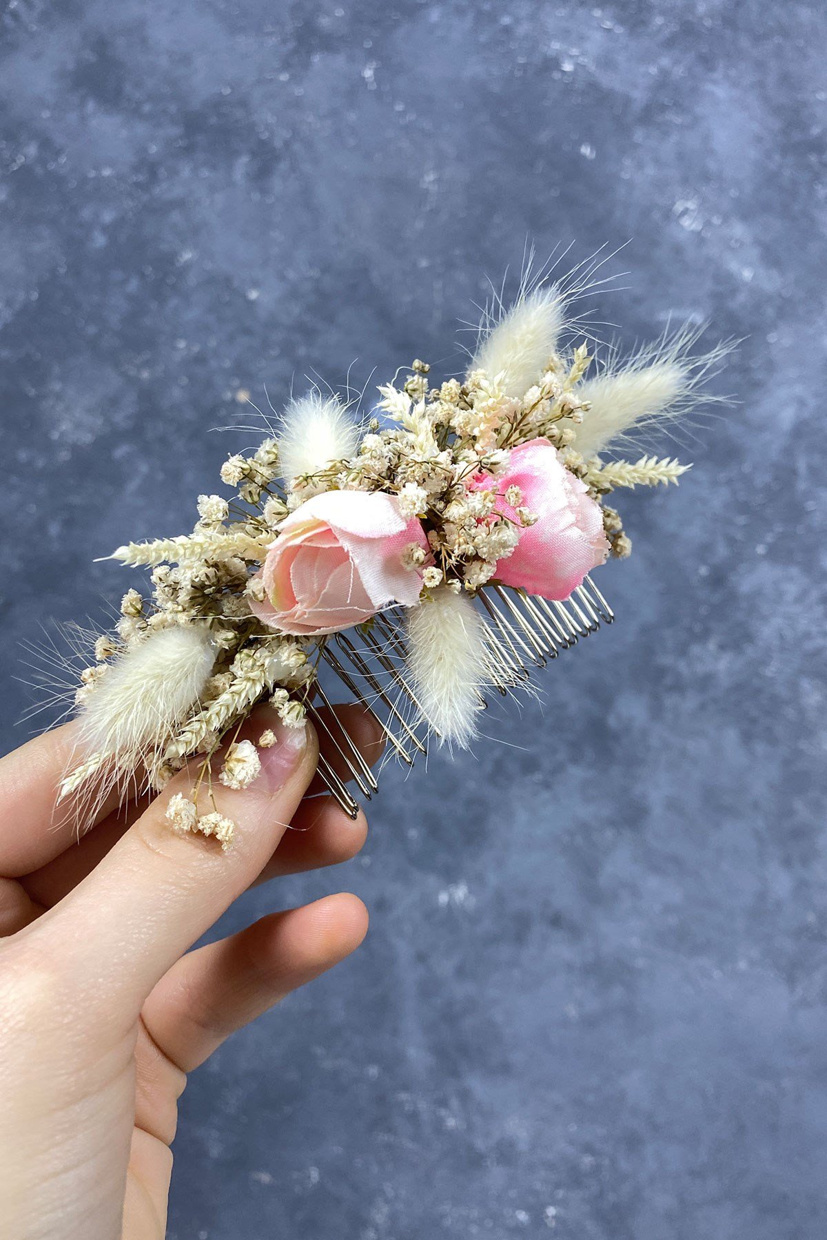 Somon Pamuk Otu Cipso ve Yapay Çiçekli Taraklı Saç Tokası