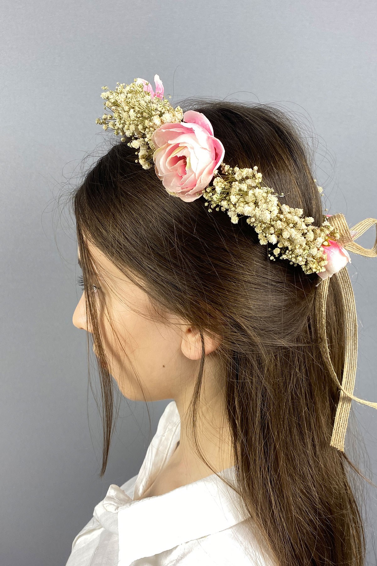 Somon Şakayık Çiçekli Cipsolu Fiyonklu Dış Çekim Gelin Tacı