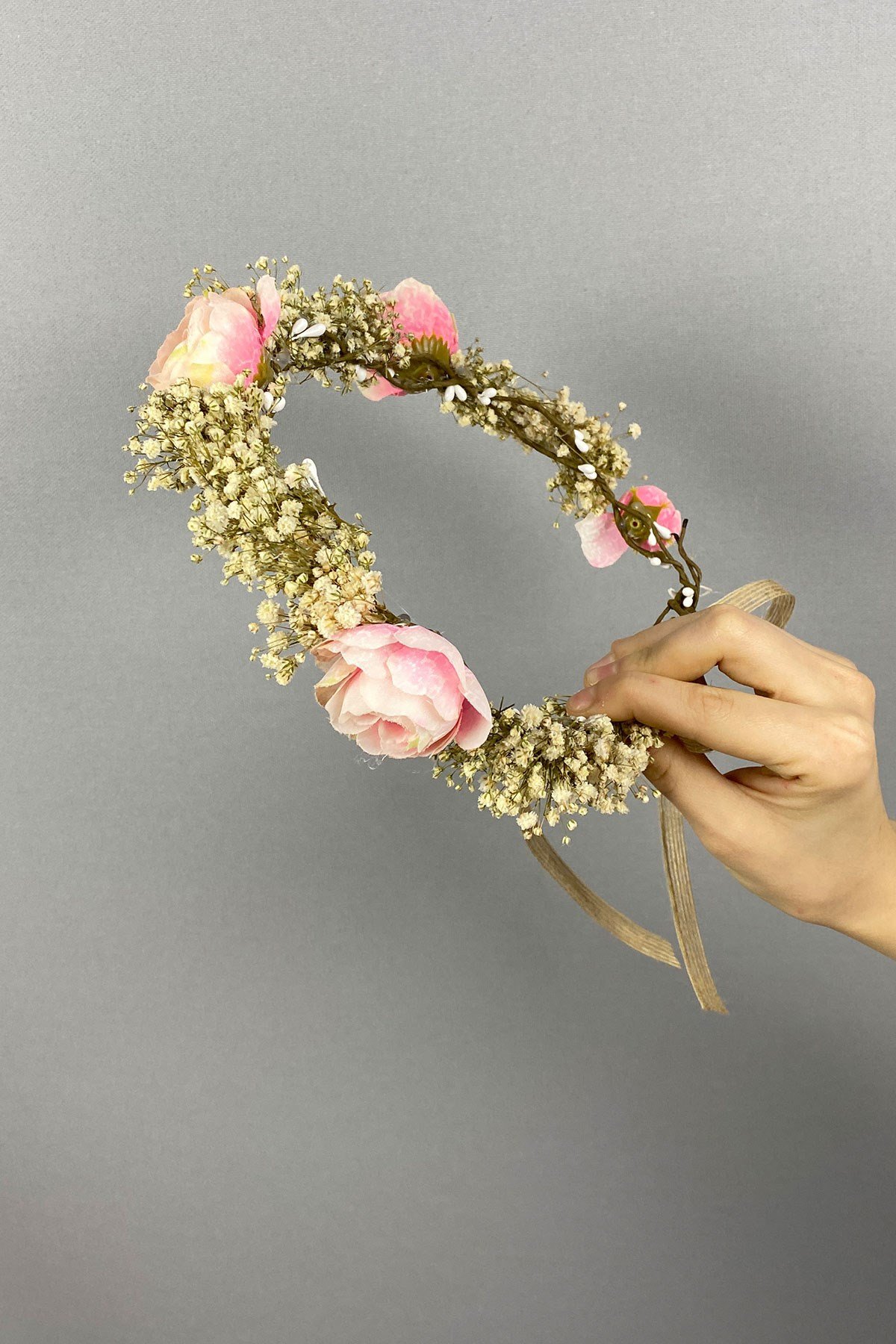 Somon Şakayık Çiçekli Cipsolu Fiyonklu Dış Çekim Gelin Tacı