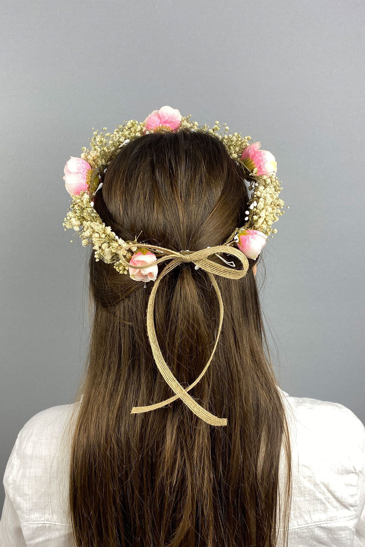 Somon Şakayık Çiçekli Cipsolu Fiyonklu Dış Çekim Gelin Tacı