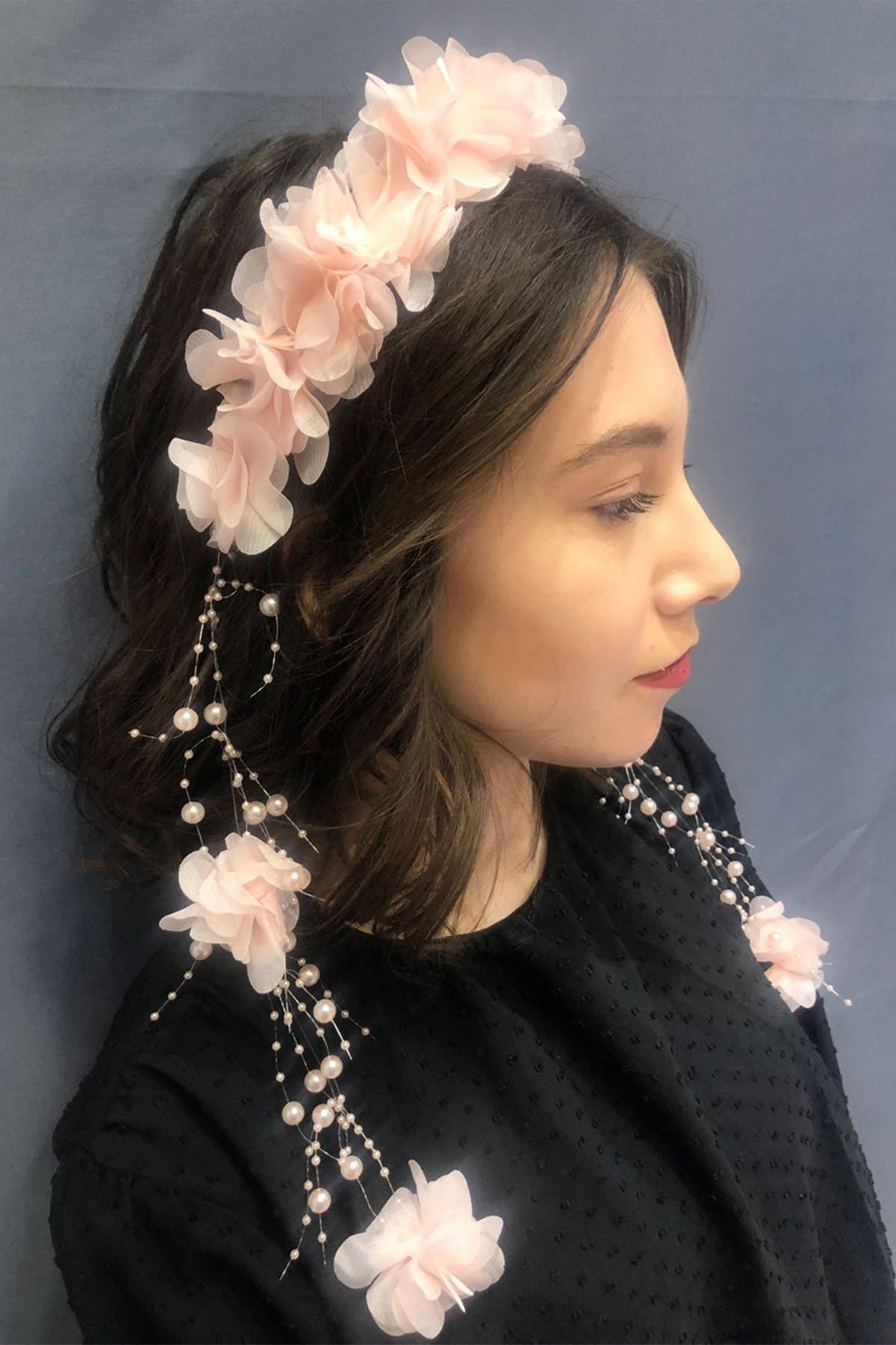 Somon Tüllü Lazer Çiçekli Taç