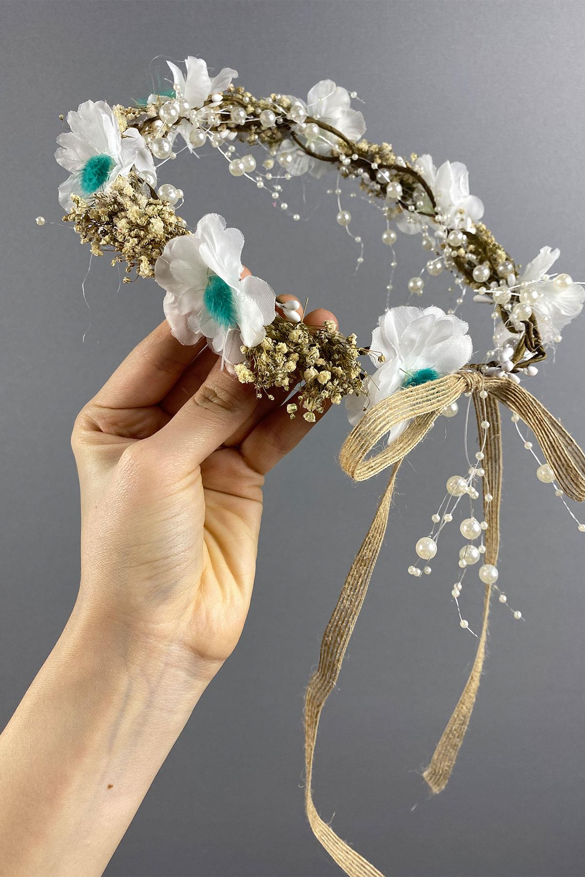 Su Yeşili  Bahar Dalı İncili Ve Cipsolu Dış Çekim Gelin Tacı