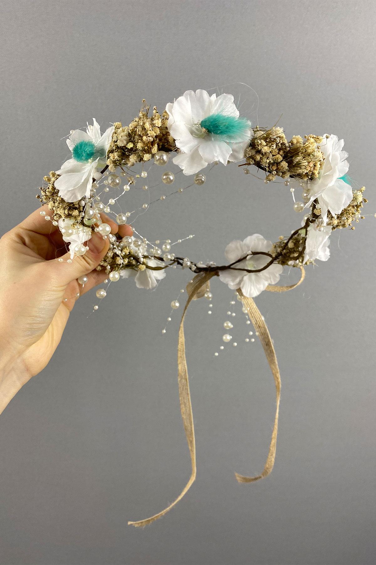 Su Yeşili  Bahar Dalı İncili Ve Cipsolu Dış Çekim Gelin Tacı