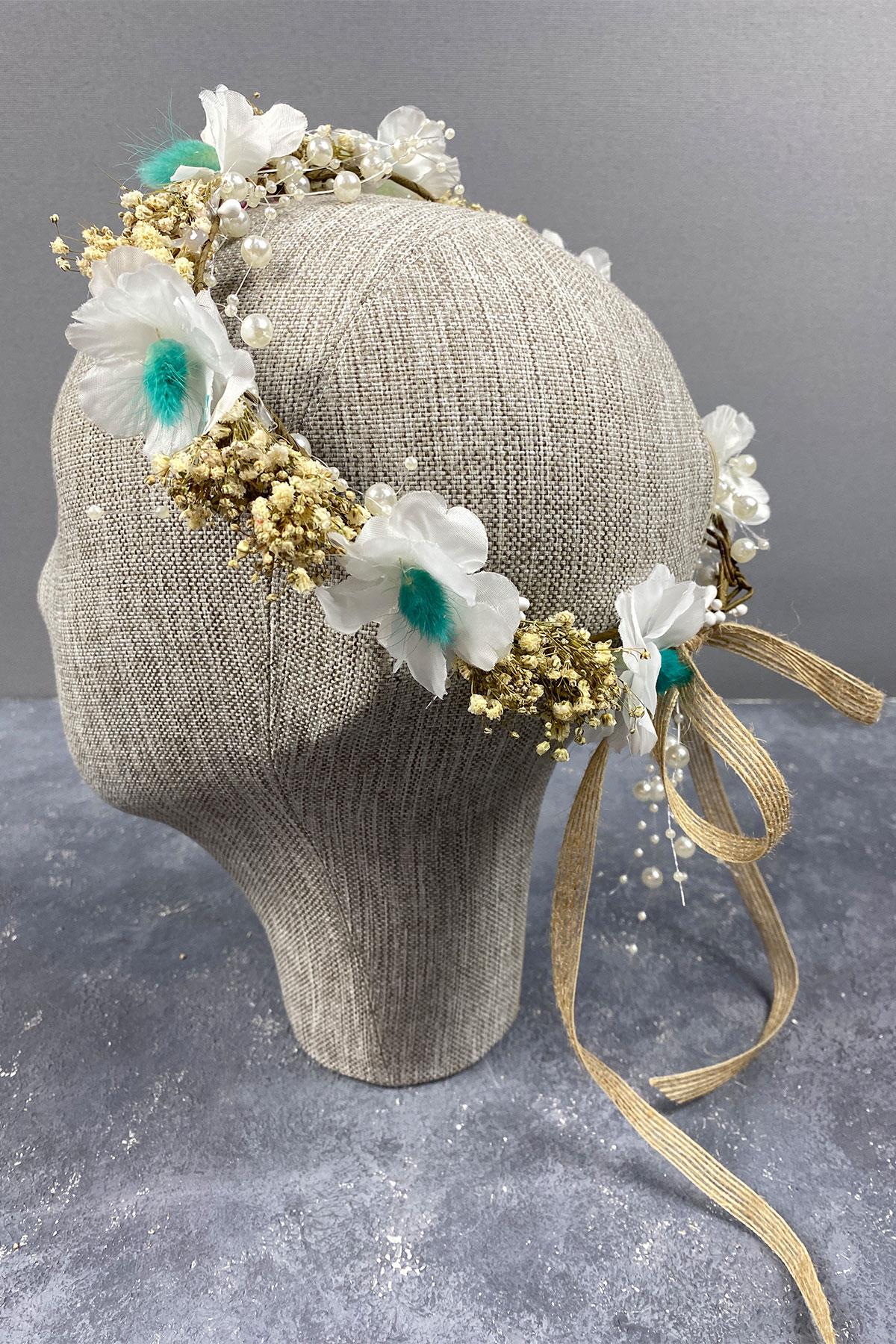 Su Yeşili  Bahar Dalı İncili Ve Cipsolu Dış Çekim Gelin Tacı