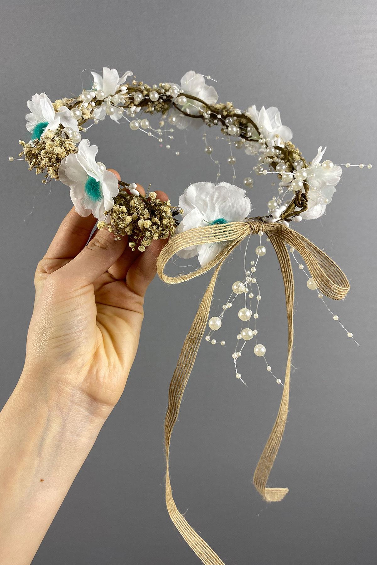 Su Yeşili  Bahar Dalı İncili Ve Cipsolu Dış Çekim Gelin Tacı