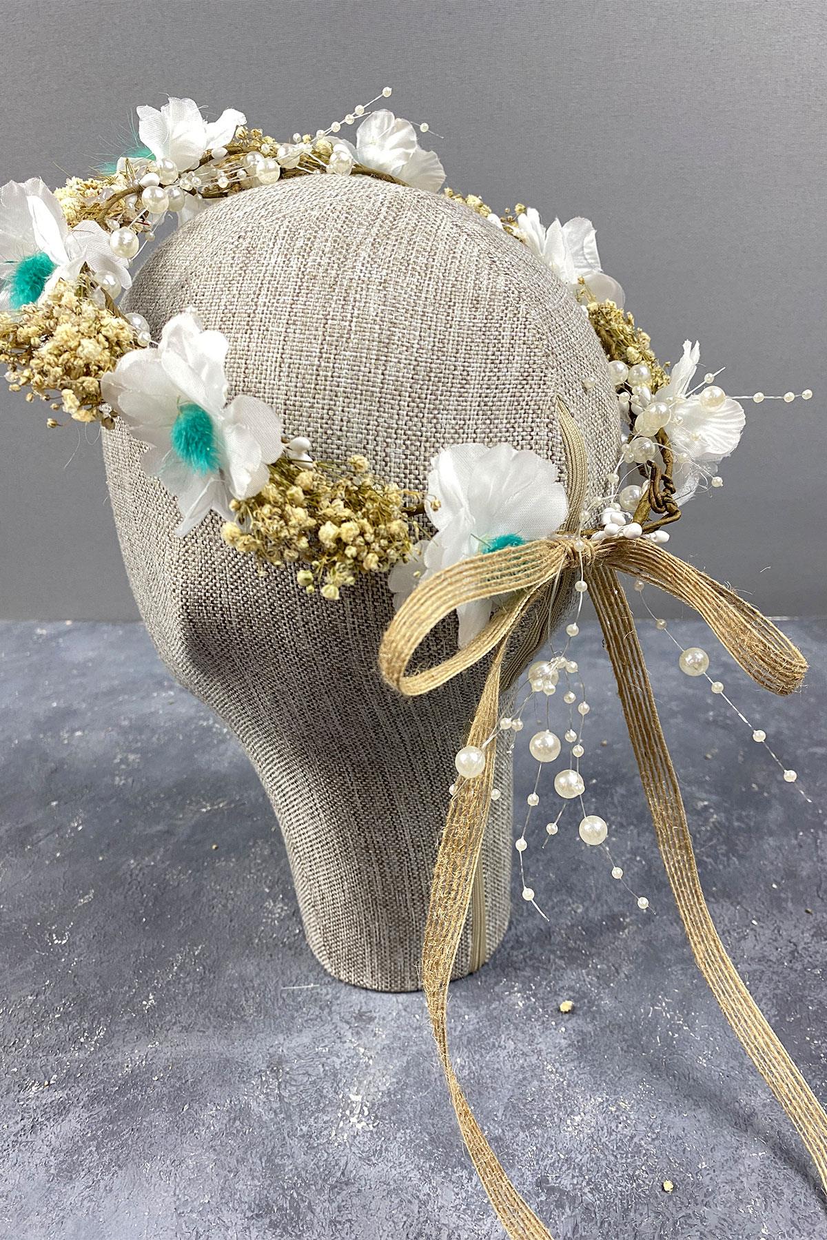 Su Yeşili  Bahar Dalı İncili Ve Cipsolu Dış Çekim Gelin Tacı