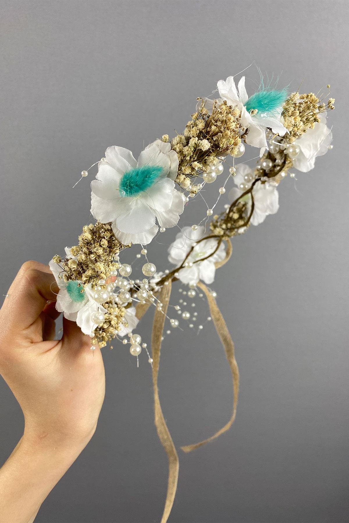 Su Yeşili  Bahar Dalı İncili Ve Cipsolu Dış Çekim Gelin Tacı