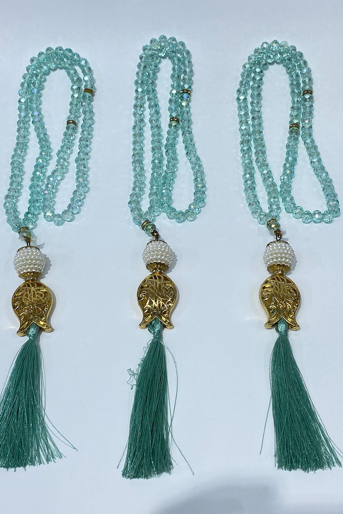Su Yeşili Hediyelik Laleli Püsküllü Kristal Boncuklu 99 Lu Namaz Tesbihi ( Mevlüt-sünnet-hac-umre)