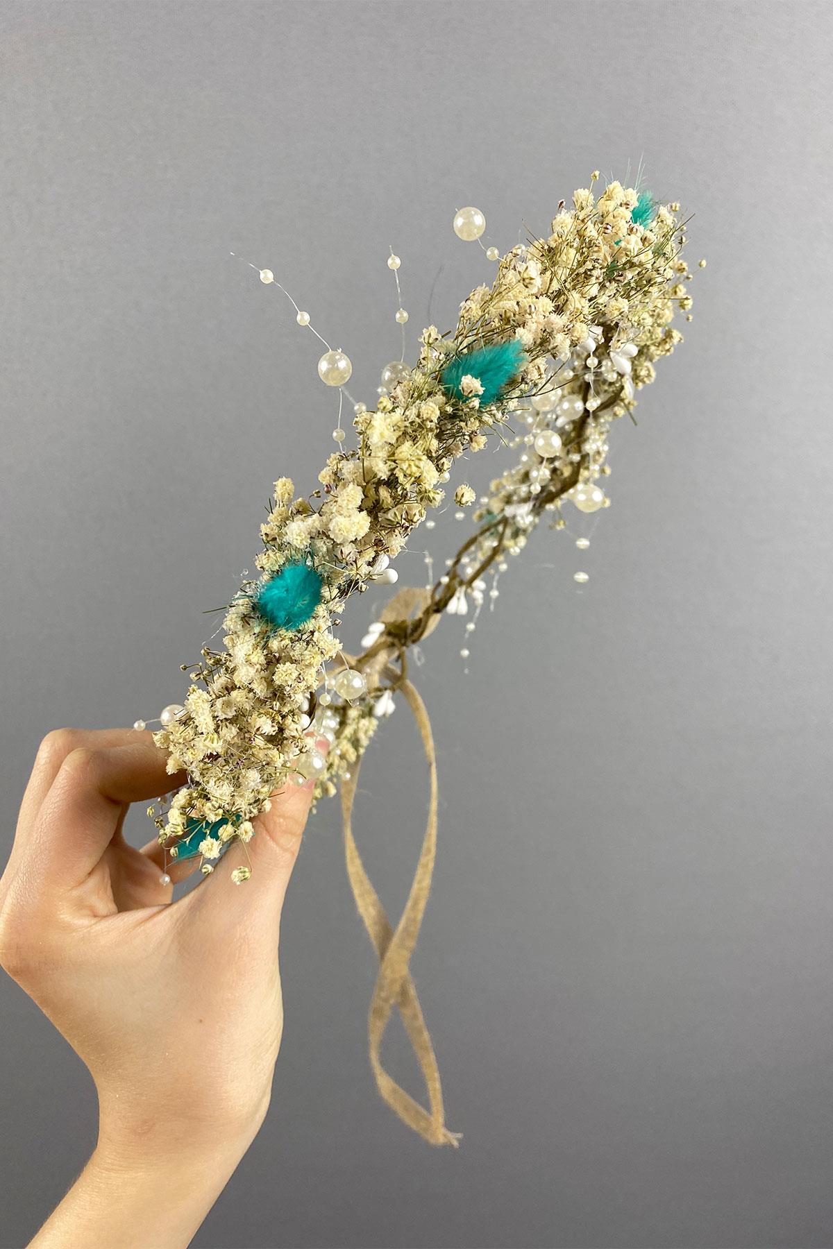 Su Yeşili Krem Cipsolu İncili Ve Pamuk Otlu Gelin Dış Çekim Tacı