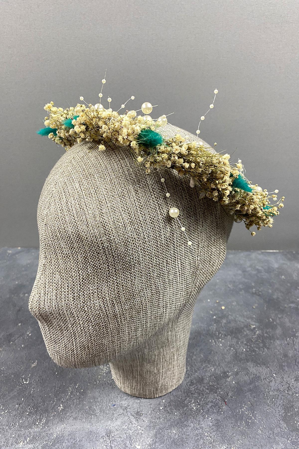 Su Yeşili Krem Cipsolu İncili Ve Pamuk Otlu Gelin Dış Çekim Tacı