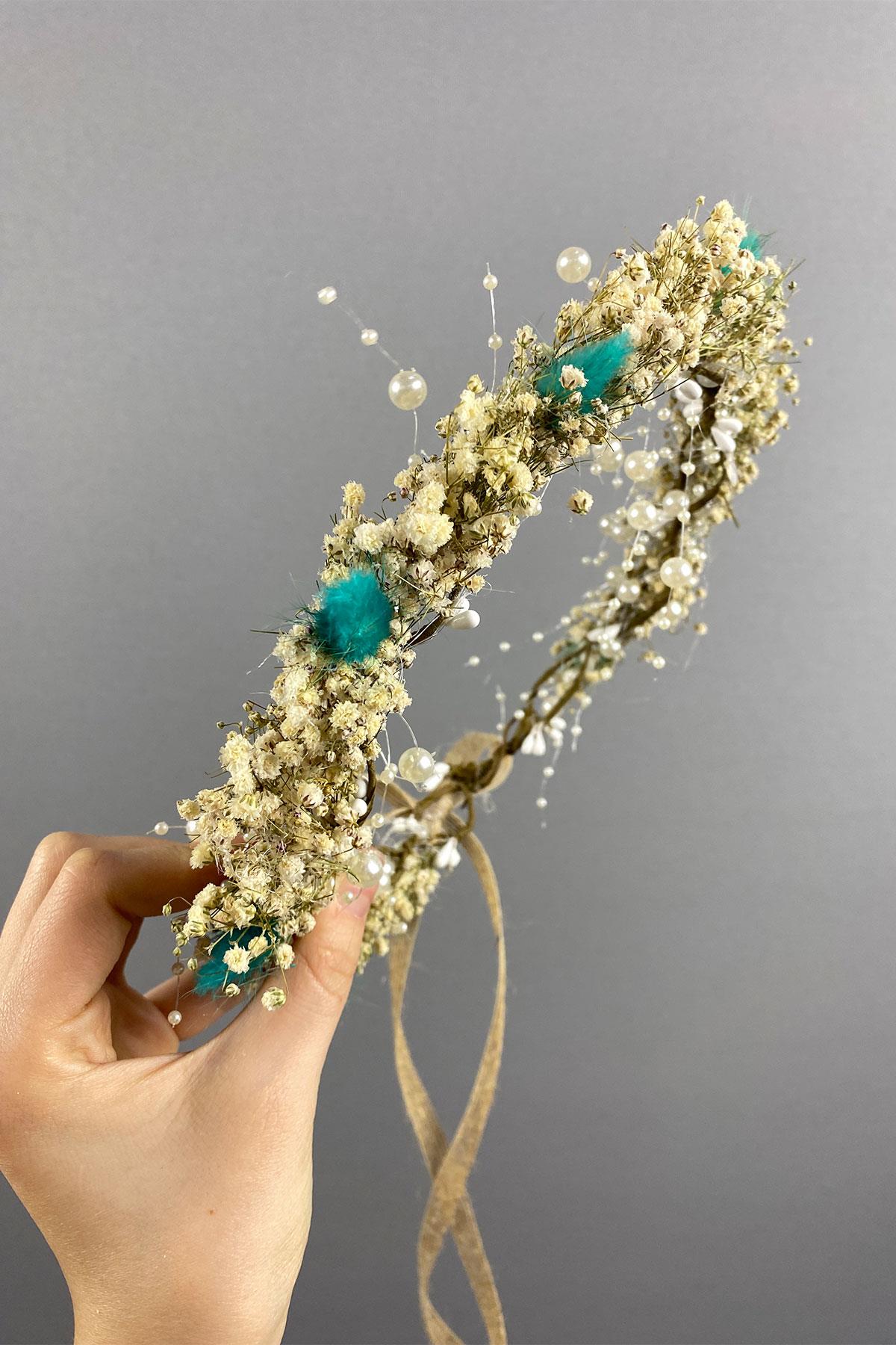 Su Yeşili Krem Cipsolu İncili Ve Pamuk Otlu Gelin Dış Çekim Tacı