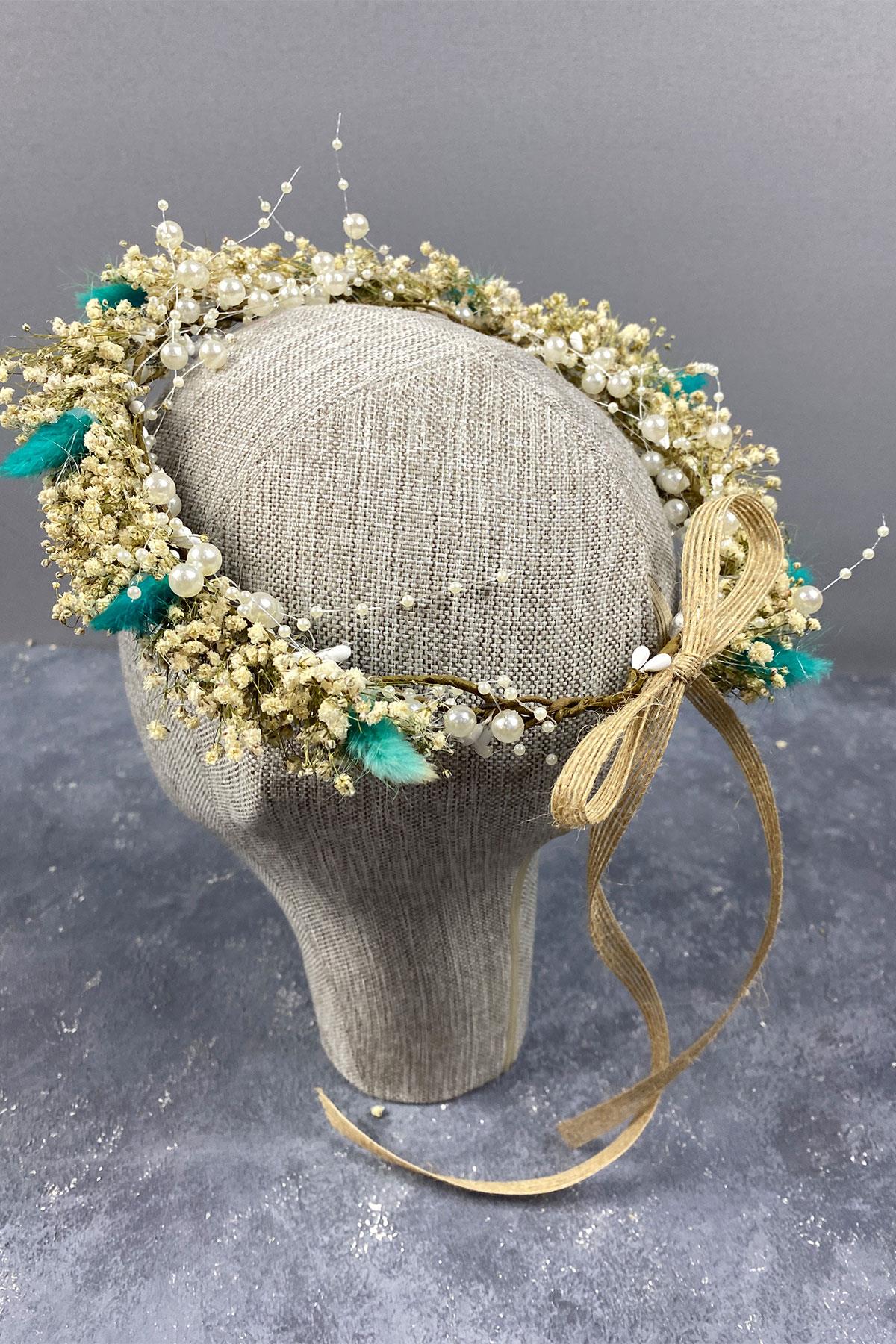 Su Yeşili Krem Cipsolu İncili Ve Pamuk Otlu Gelin Dış Çekim Tacı