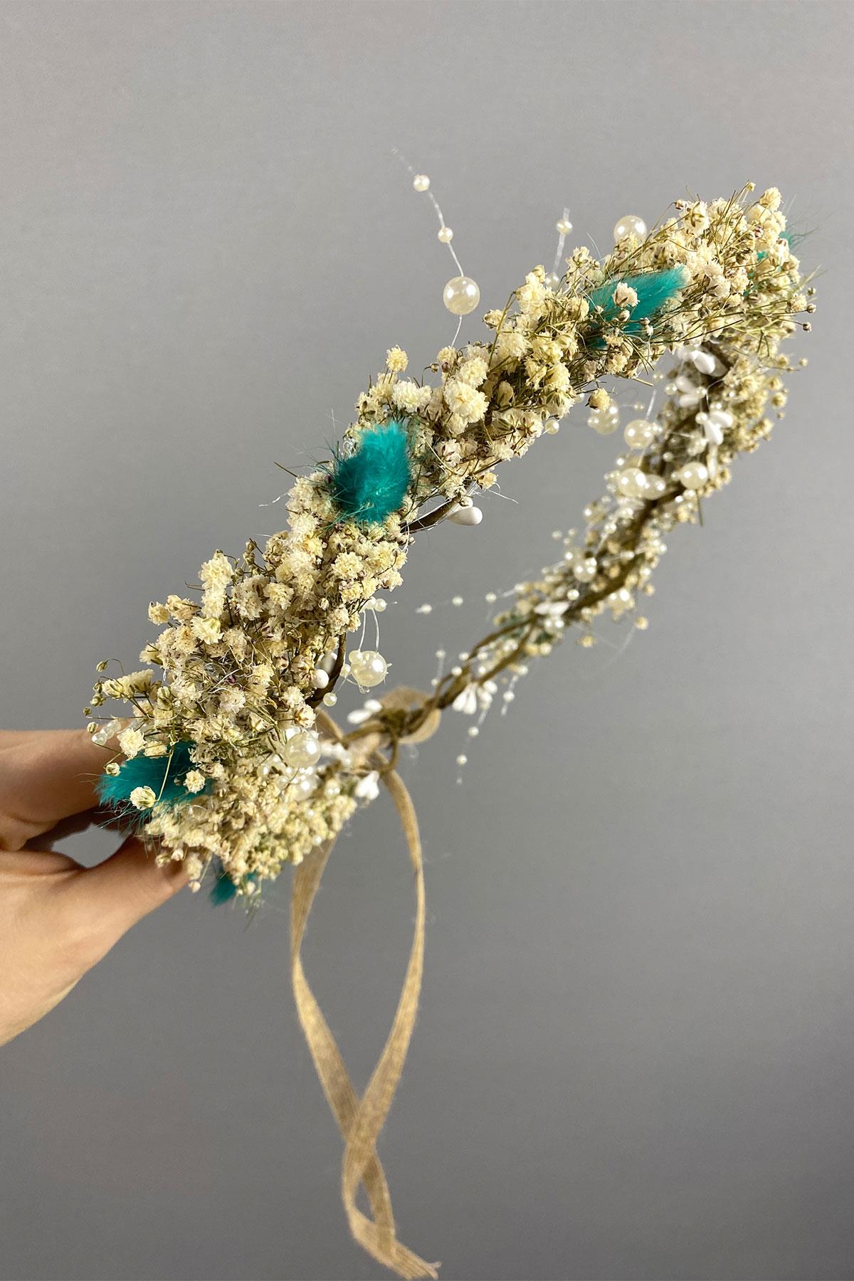 Su Yeşili Krem Cipsolu İncili Ve Pamuk Otlu Gelin Dış Çekim Tacı