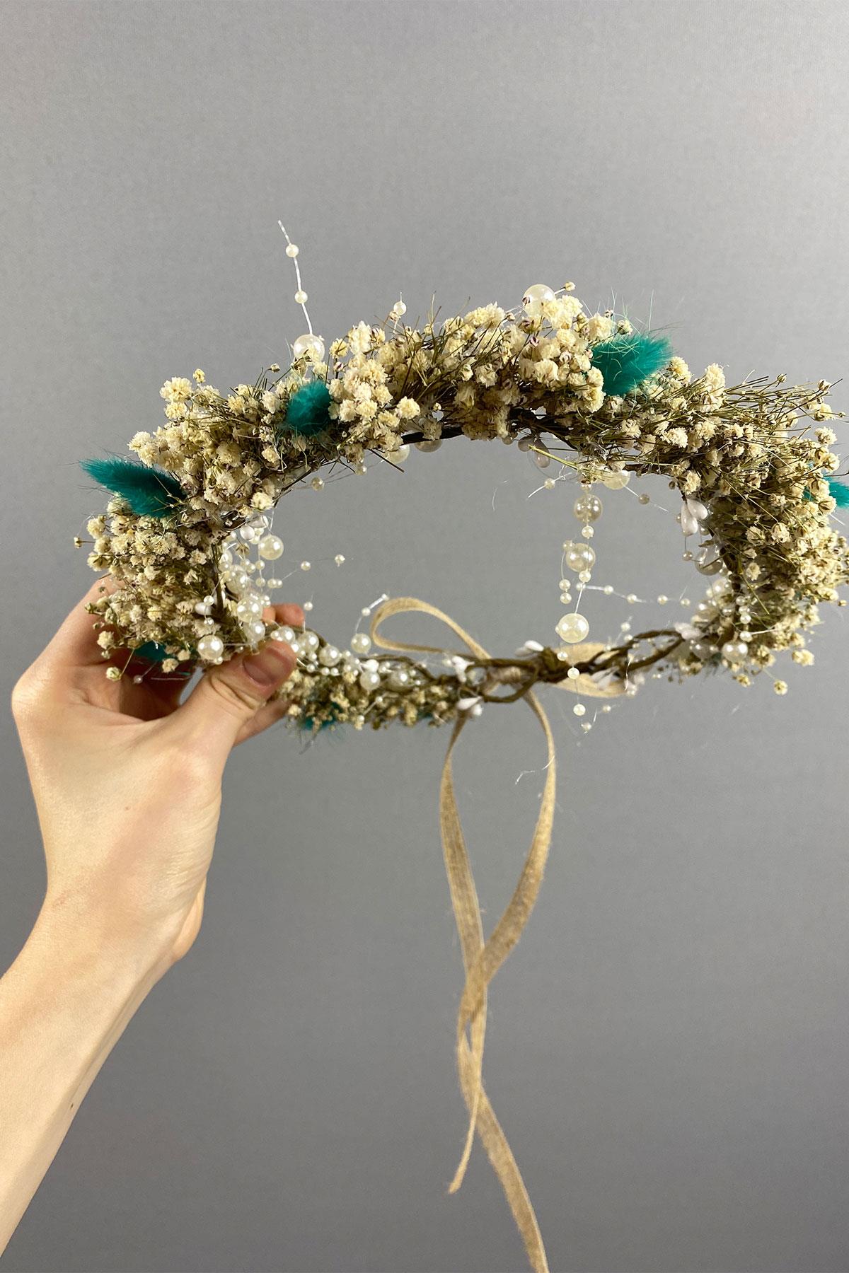 Su Yeşili Krem Cipsolu İncili Ve Pamuk Otlu Gelin Dış Çekim Tacı