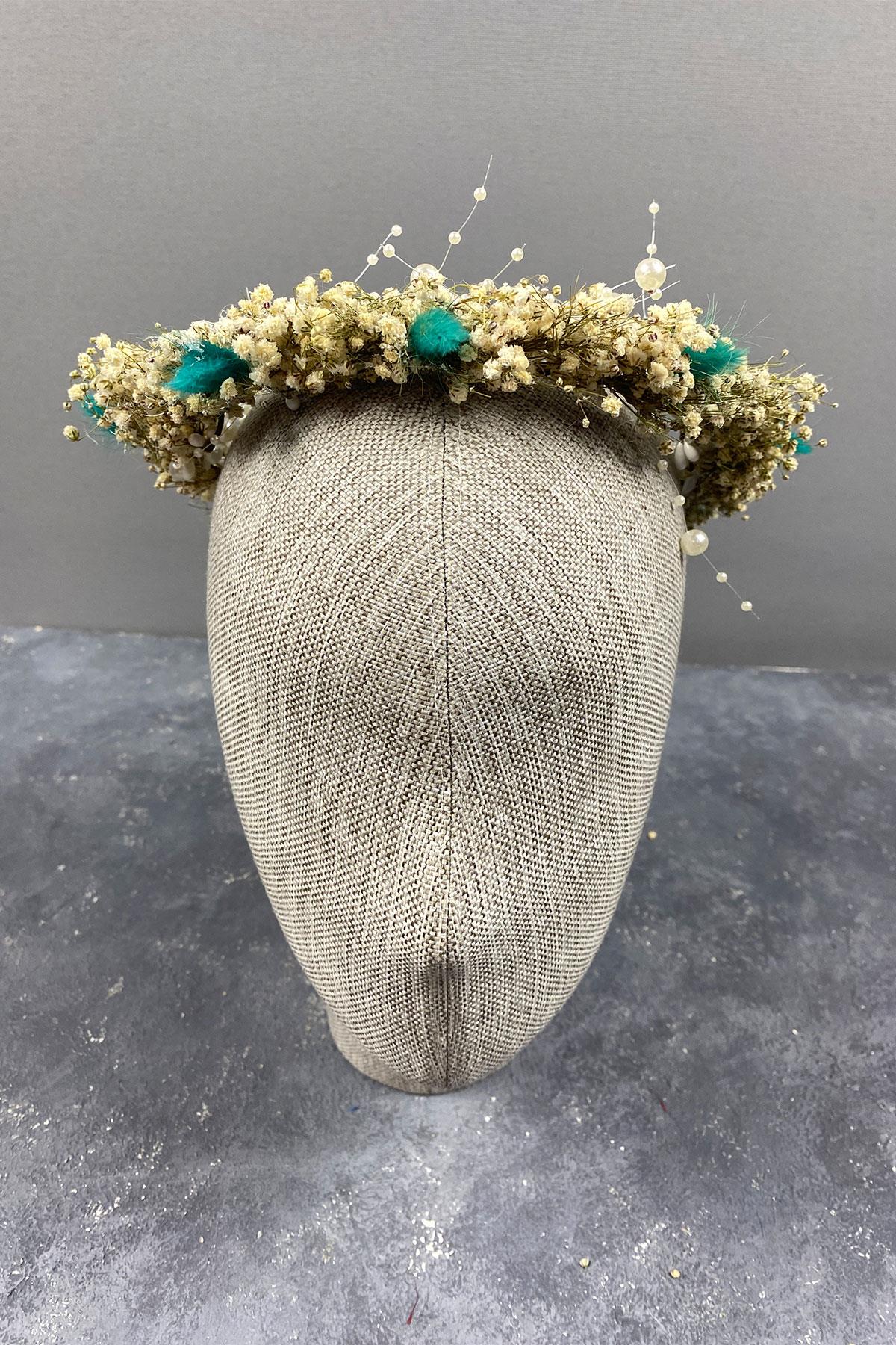 Su Yeşili Krem Cipsolu İncili Ve Pamuk Otlu Gelin Dış Çekim Tacı