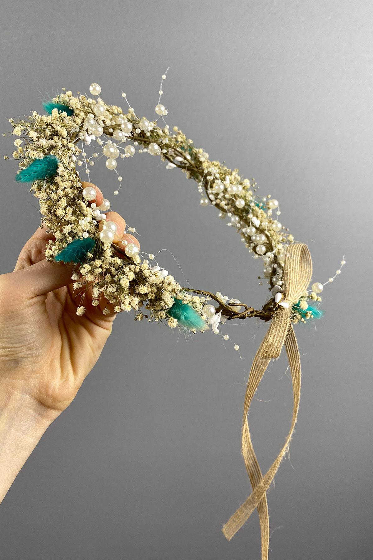 Su Yeşili Krem Cipsolu İncili Ve Pamuk Otlu Gelin Dış Çekim Tacı