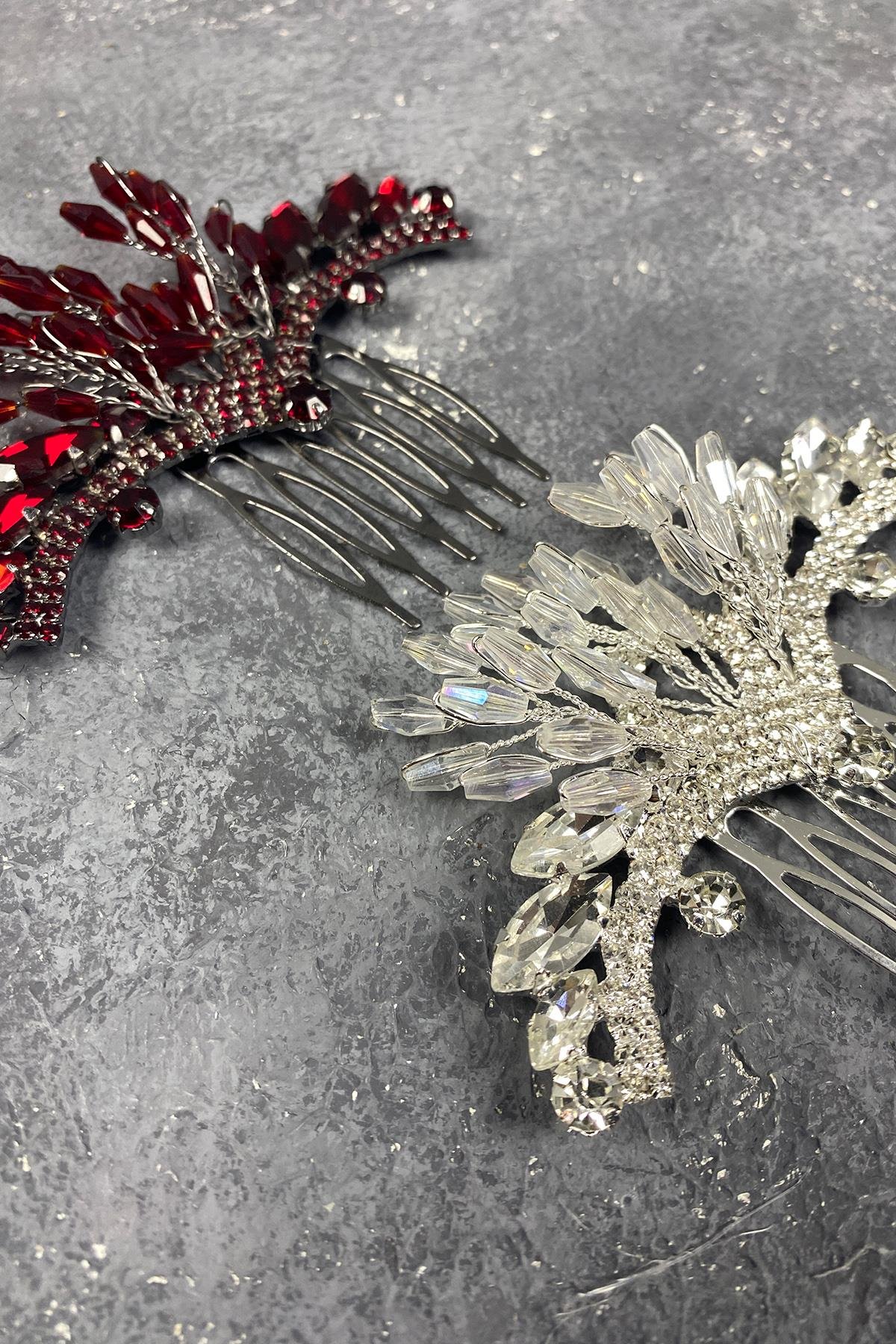 Taşlı Boncuk İşlemeli Diza Taraklı Gelin Saç Tokası