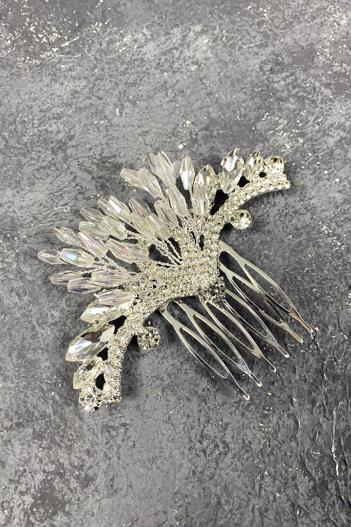 Taşlı Boncuk İşlemeli Diza Taraklı Gelin Saç Tokası