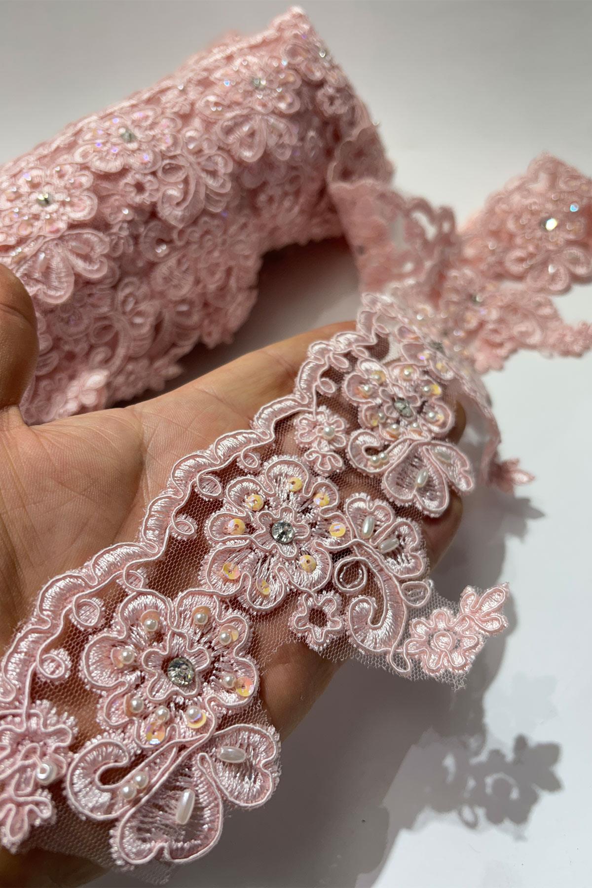 Taşlı Boncuk İşlemeli Kenar Fransız Danteli Güpür