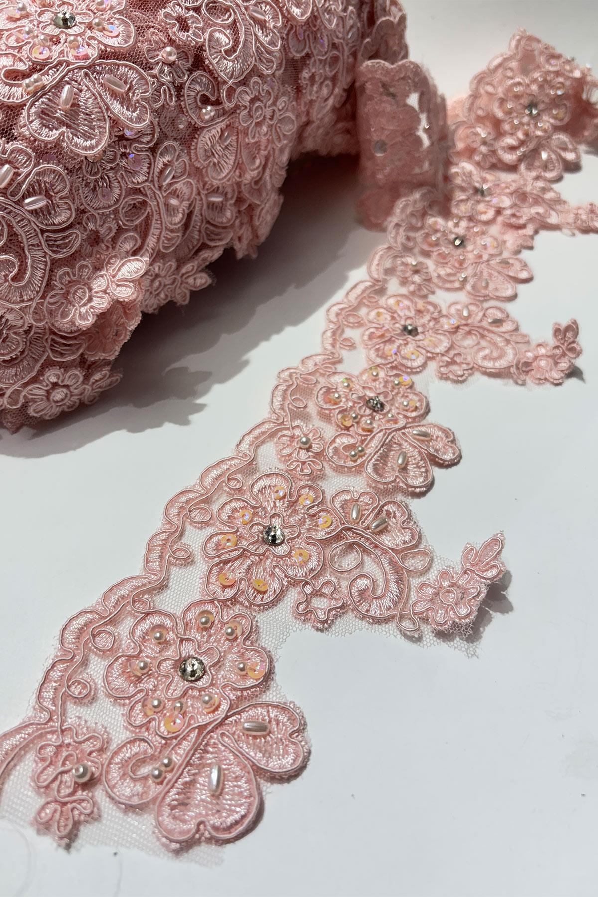 Taşlı Boncuk İşlemeli Kenar Fransız Danteli Güpür